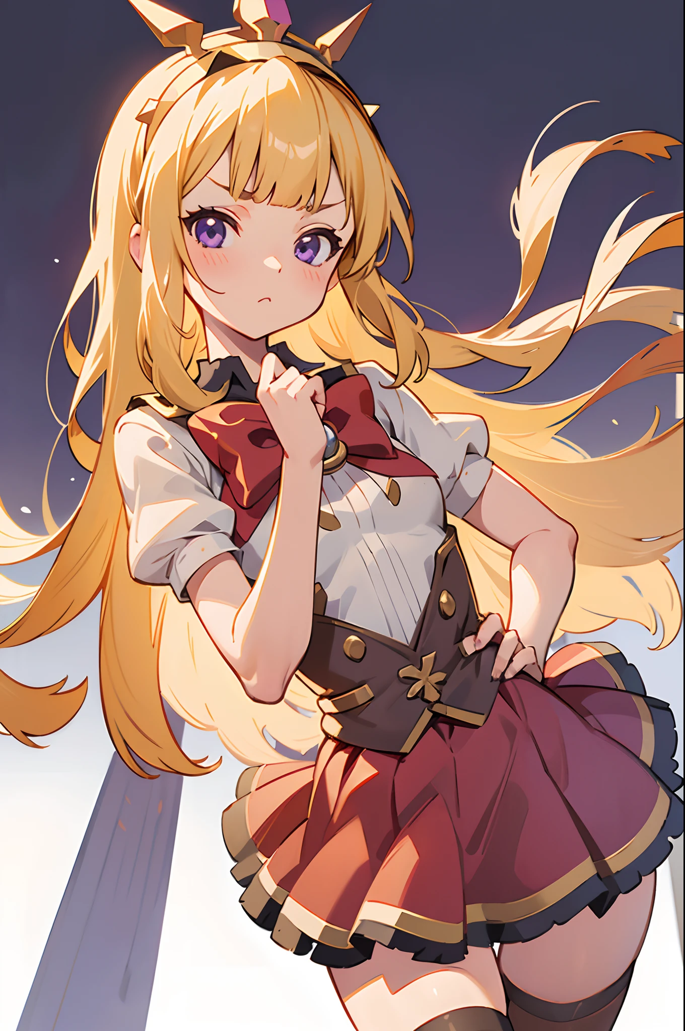 1girl, solo, character preview illustration, blonde hair, purple eyes, Cagliostro, long hair, CagliostroBase, hairband, crown, black thighhighs, red bow, skirt, red skirt, cape, small breasts, serious, neutral, face focus, hand on hips, detailed hands, upper body, looking at viewer, white background, transparent background, beautiful illumination, sun rays, trending on pixiv, masterpiece, 8k, best quality