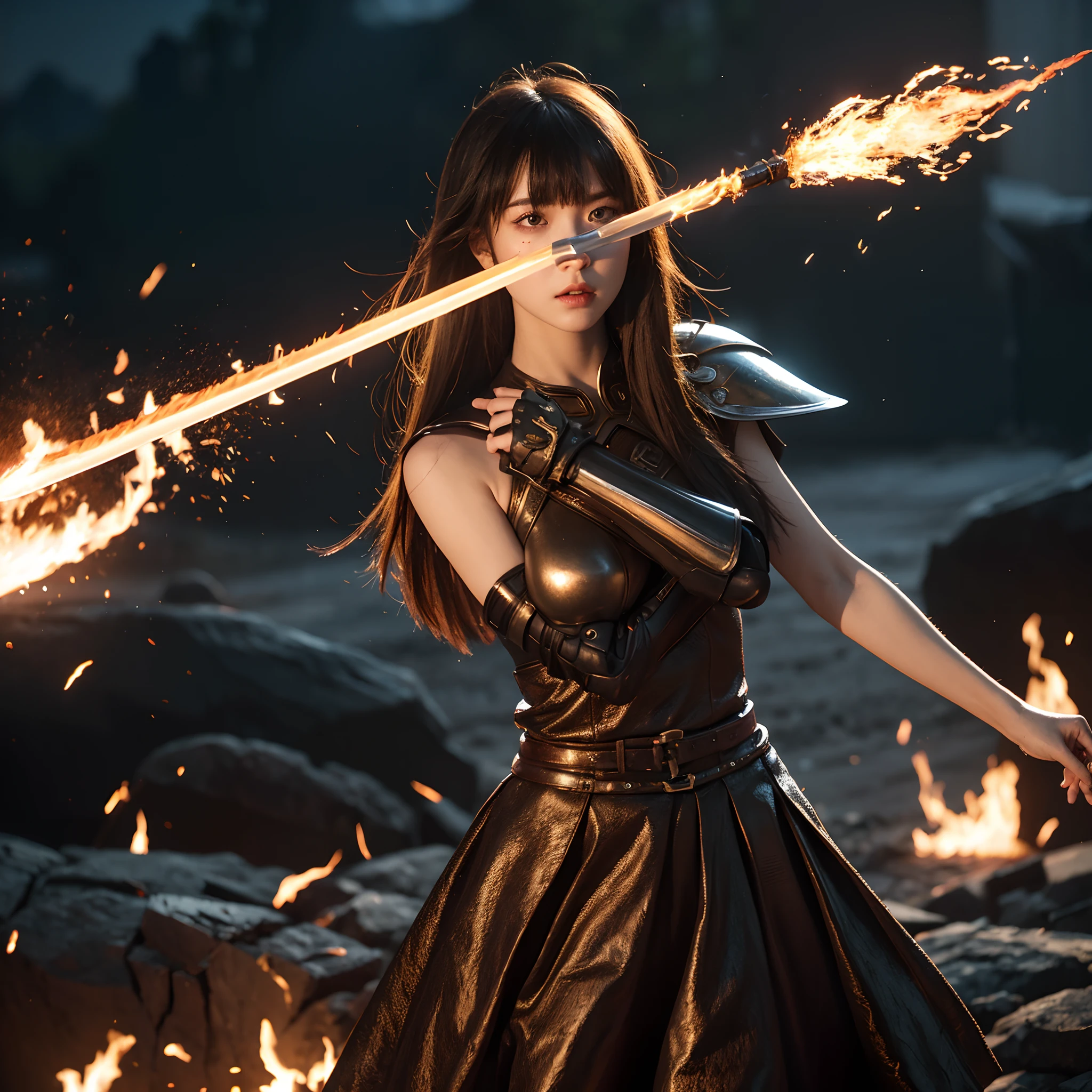 1girl, armor, bangs, burning, debris, dress, dual_wielding, embers, fire, flame, flaming_sword, flaming_weapon, gauntlets, hair_between_eyes, holding, holding_sword, holding_weapon, long_hair, looking_at_viewer, molten_rock, outdoors, petals, red_eyes, shoulder_armor, solo, sparks, standing, sword, weapon, wind