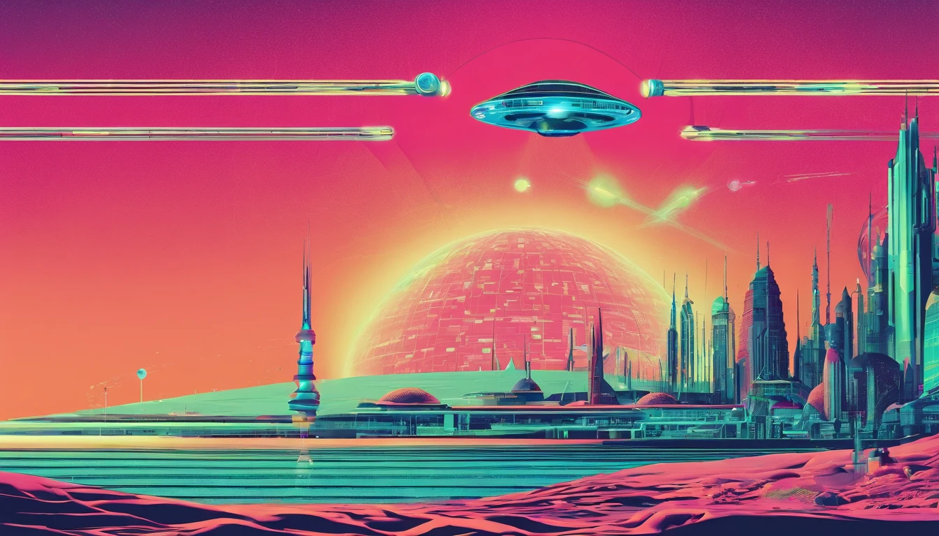 Create a dazzling alien world in the style of 1950s-70s comic book art. Use bold outlines, halftone patterns, and exaggerated perspective. Employ intense, saturated colors reminiscent of vintage four-color printing. Choose ONE of these elements:
-Bizarre, tentacled monsters with multiple eyes and otherworldly appendages
-A desolate, crater-filled landscape with twin moons in the sky
-Retro space girls in sleek silver suits and bubble helmets
Maintain a psychedelic, otherworldly atmosphere with swirling, colorful skies and strange celestial bodies. Emphasize the contrast between light and shadow to create a dramatic, pulp sci-fi feel.