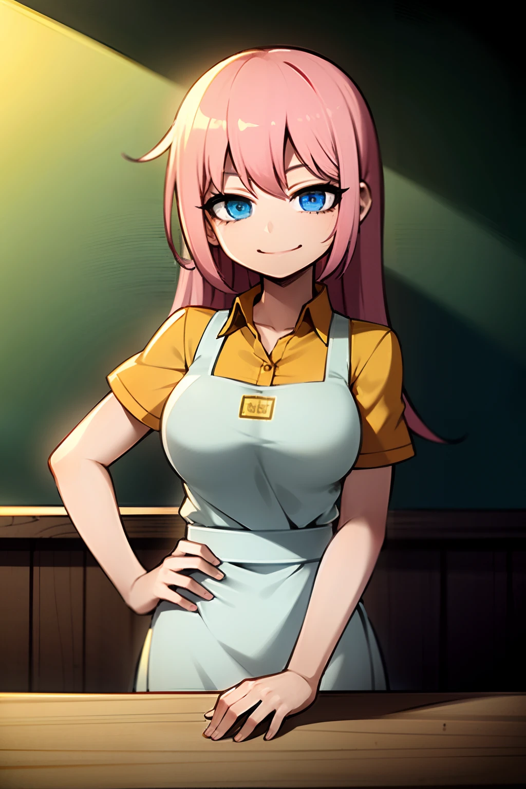Megurine Luka, pink long hair, VOCALOID, blue eyes, top quality, big breasts, apron, coffee shop background, smile,