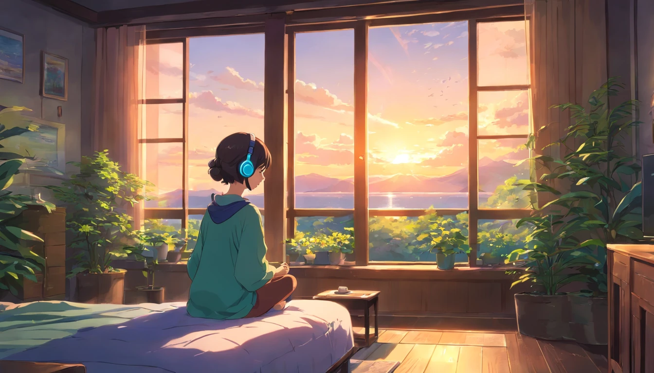 girl with headphones, meditating, open window, in dark bedroom, candle burning, peaceful ambiance, soft sunlight, cozy atmosphere, relaxing music, serene expression, closed eyes, comfortable seating, wooden floor, floral curtains, green plants, natural breeze, calming vibes, gentle rays of light, tranquil setting, stillness, harmony, inner peace, deep relaxation, soothing colors, positive energy, mindfulness, solitude, introspection, inner journey, serenity, escape from the outside world