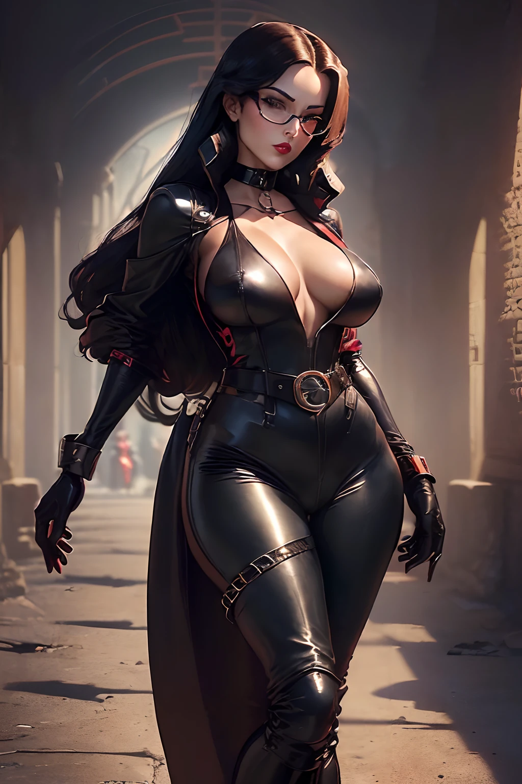 ((The baroness from G.I.joe animated series)) ((beautiful face)) (red lips) (glasses) ((very long black hairstyle)) ((very huge breasts) (perfect slim body) ((wears leather black body suit and pants, gloves, and long boots)) ((choker, belt, cobra logo on chest)) ((posing sexy inside military base)) (high definition, dynamic lights and shadows) ((masterpiece)) (8k) (perfect face) (best quality) (perfect hands)