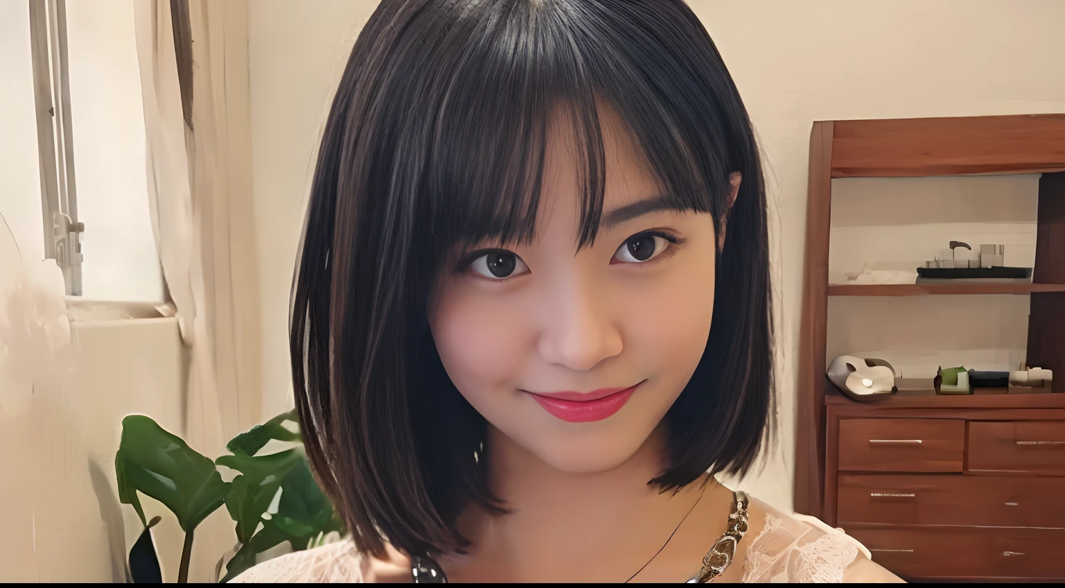 masterpiece,masterpiece, top quality,  best quality,  realistic, unity,  8k wallpaper,  official art, extremely detailed CG unity 8k wallpaper, ulzzang-6500, (original: 1.2), (realistic: 1.4),  ultra detail, high resolution, ultra detailed,amazing,  fine detail,  cinematic lighting, 
(1girl:1.4 ), (brown|black hair:1.4), medium hair,  (realistic skin:1.2), (light brown skin:1.2),(small breasts),  beautiful girl with beautiful details,  extremely detailed eyes and face,  eyes with beautiful details, huge file size,  ultra detailed and beautiful, blushing,  ashamed,(smile:1.2), black eyes,  model shoot tyle,  full body shoot, (random color lace underwear), earings, chain necklace, loft apartment, living room, (almost empty room),