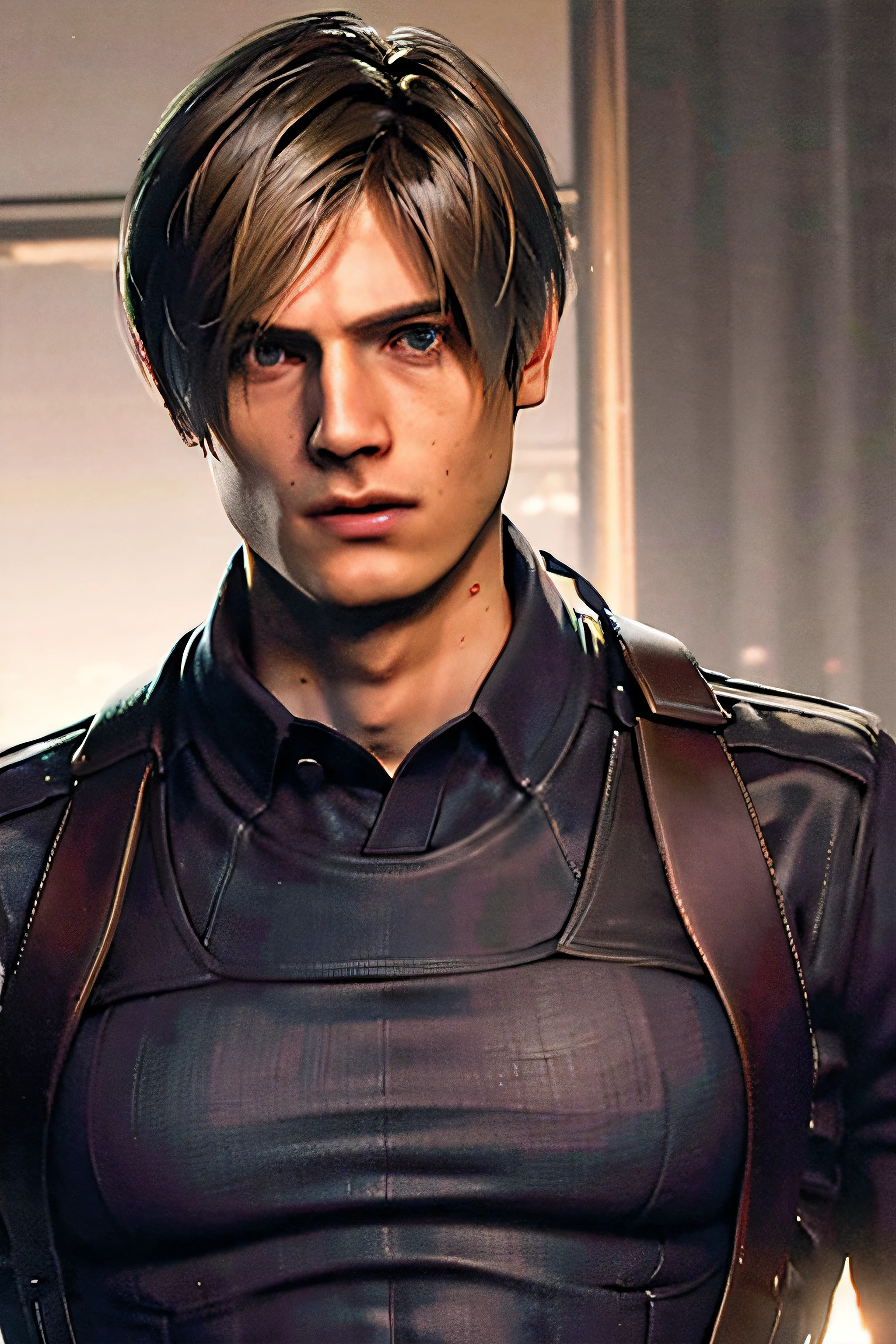 1 man, young man, 27 years old, Leon S. Kennedy from the movie "Resident Evil 4",Dark brown hair, Curtain hairstyle, plaid shirt, lying on the bed, camera looking down, sporty, volumetric lighting, depth of field