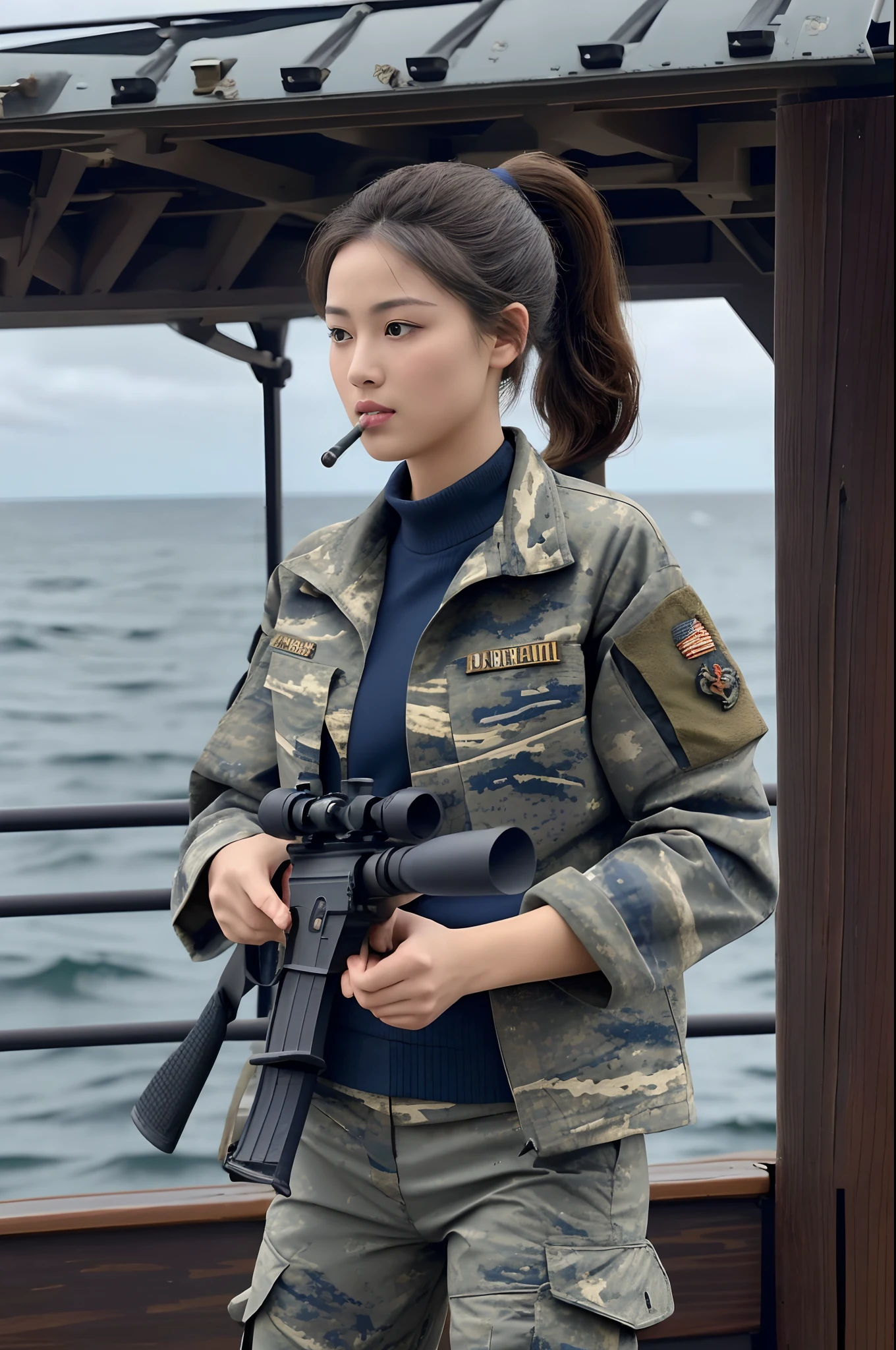 [((on ship deck,1 beautiful girl,Extremely exquisite facial details,short ponytail,Blue camouflage jacket and pants,slim,alert,holding rifle,Aiming and shooting,from everywhere))],
masterpiece,highres, highest quality,intricate detail,best texture,realistic,8k,soft light,perfect shadow,
sea,sunny,cloudy,wind,wet, 
Age Of Wind,naval battle,conflict,bombard.firing,smoking,