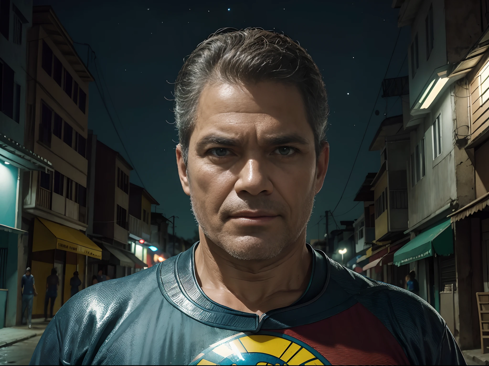 Retrato de um homem em Estilo HQ, digital illustation, influenciado pelo estilo de Frank Miller e Jack Kirby, Setting of a fictional town at night, paleta de cores vibrantes com sombras intensas, Dramatic street lighting, medium resolution, lente grande angular, dynamic perspective, qualidade de imagem destacando a heroica natureza do retratado.
Retrato em Estilo HQ, arte de quadrinhos, emulation of the work of Jim Lee and Todd