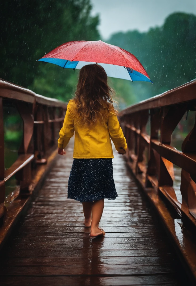 A little girl walking on a bridge when it's raining