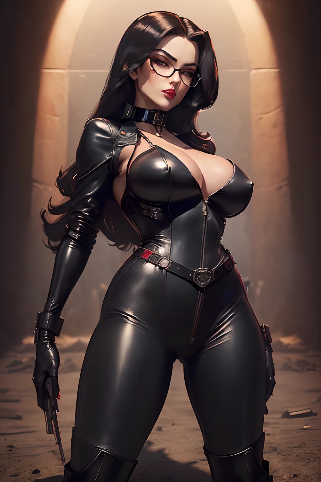 ((The baroness from G.I.joe animated series)) ((beautiful face)) (red lips) (glasses) ((very long black hairstyle)) ((very huge breasts) (perfect slim body) ((wears leather black body suit and pants, gloves, and long boots)) ((choker, belt, cobra logo)) ((posing sexy inside military base))((hold handgun pistol on hand)) (high definition, dynamic lights and shadows) ((masterpiece)) (8k) (perfect face) (best quality) (perfect hands)