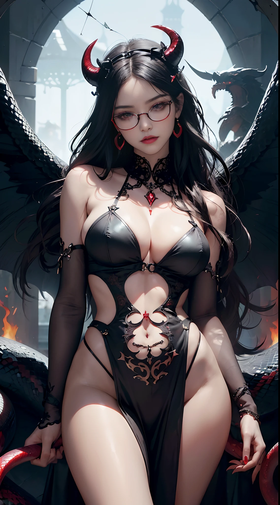 Fine、(The best illustrations)、8k UHD resolution、intricate-detail、top-quality、realisitic、ultra-detailliert、The best lighting、Best Shadows、Soft lighting、Ulutra HD、1 beautiful devil woman from hell, surreal female portraits by David Hockney and Alphonse Mucha, Portrait of a seductive woman by ordinary Chen Shoufeng、Fantasy Art, Chinese Doll、Dungeon and Dragon、Devil's Palace、Devil's Torture Chamber、magia、Evil Nun、 A Necromancer、natta、Dark style、Succubus、Devil's Daughter、Bat Wings,(((Demon Horns)))、((((black-rimmed round glasses))))、(((Colossal tits)))、(Devil's Tail)、(red eyes glowing:1.6)、 intricate tattoos, demonic intricate tattoos, thigh tattoos, body tattoos, masterpiece、Beautiful expression、a 、Muscular seductive body、The enchanting body of the devil、Chinese actress、Seductive Black Magic Costume、(((A shiny red snake is wrapped around her body)))、Tindall Effect、photos realistic、(High Detail Skins:1.2)、 (Intricate details, makeup, pureerosface_v1:0.5), (Detailed beautiful delicate face, Detailed beautiful delicate eyes, A perfectly proportioned face, High detailed skin, Detailed skin, best ratio four finger and one thumb, arms below breasts, Tattoo with a red glow under the stomach、Awesome awesome, wide hips, smooth midriff, skiny and thin, __Fashion__, __hair__:1.25)、Digital SLR、hightquality、a picture、hight resolution、 absurderes、Ponytail distortion、女の子1人、Red sparkling gemstone necklace、jewely、Beautiful expression、Body Up、Large breasts emphasis、Toned waist、Wide buttocks、Devil's Tail、intricate tattoos, demonic intricate tattoos, thigh tattoos, body tattoos, effect、Photorealsitic、(High Detail Skins:1.2)、In the Dark, lowkey, cowboy lens, (Black Phoenix Dress: 1.0), Seductive Black Magic Costume、Long hair, Black hair, Bust, Devil's Palace, devil crown, red eyes make up very sharp and detailed, The most beautiful face, Super tight breasts, Breast augmentation surgery, The breasts are very big and round and round, Black magic costume、Super realistic , Charming sm