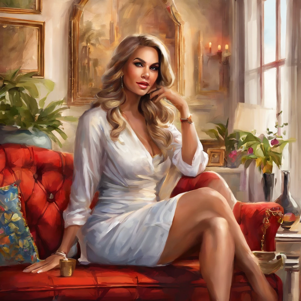 There was a woman sitting on a red sofa,Legs crossed, Deviantart ArtStation CGSCOSIETY, sultry digital painting, commission for high resolution, drawn in the style of artgerm, Extremely detailed Artgerm, oc commission, pinup art, Fully clothed. painting of sexy, loish |, Katarina, trends in art station