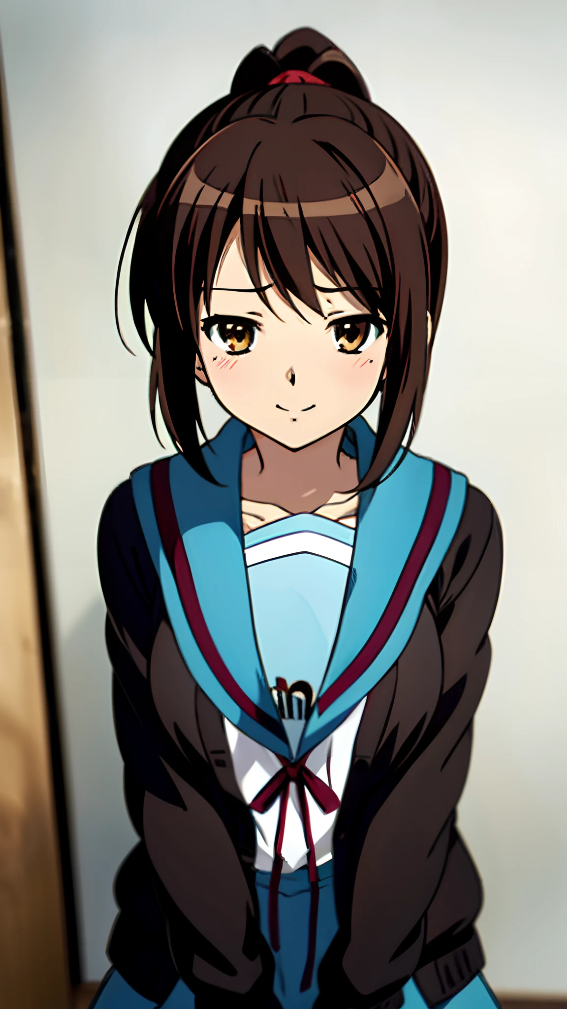 kyoani style, anime style, best quality, 4k, masterpiece, standing girl, 1 girl, solo, 1 schoolgirl, upper body, looking at viewer, brown hair, ponytail hairstyle, brown eyes, [short girl], (flat breast:1.25), [suzumiya haruhi], sailor uniform, [jitome], [sleepy eyes], [daydreaming], [unamused], (kita high school uniform), (cardigan:1.3), open clothes, open cardigan, brown cardigan, long sleeves, winter uniform, (blush), smiling to viewer