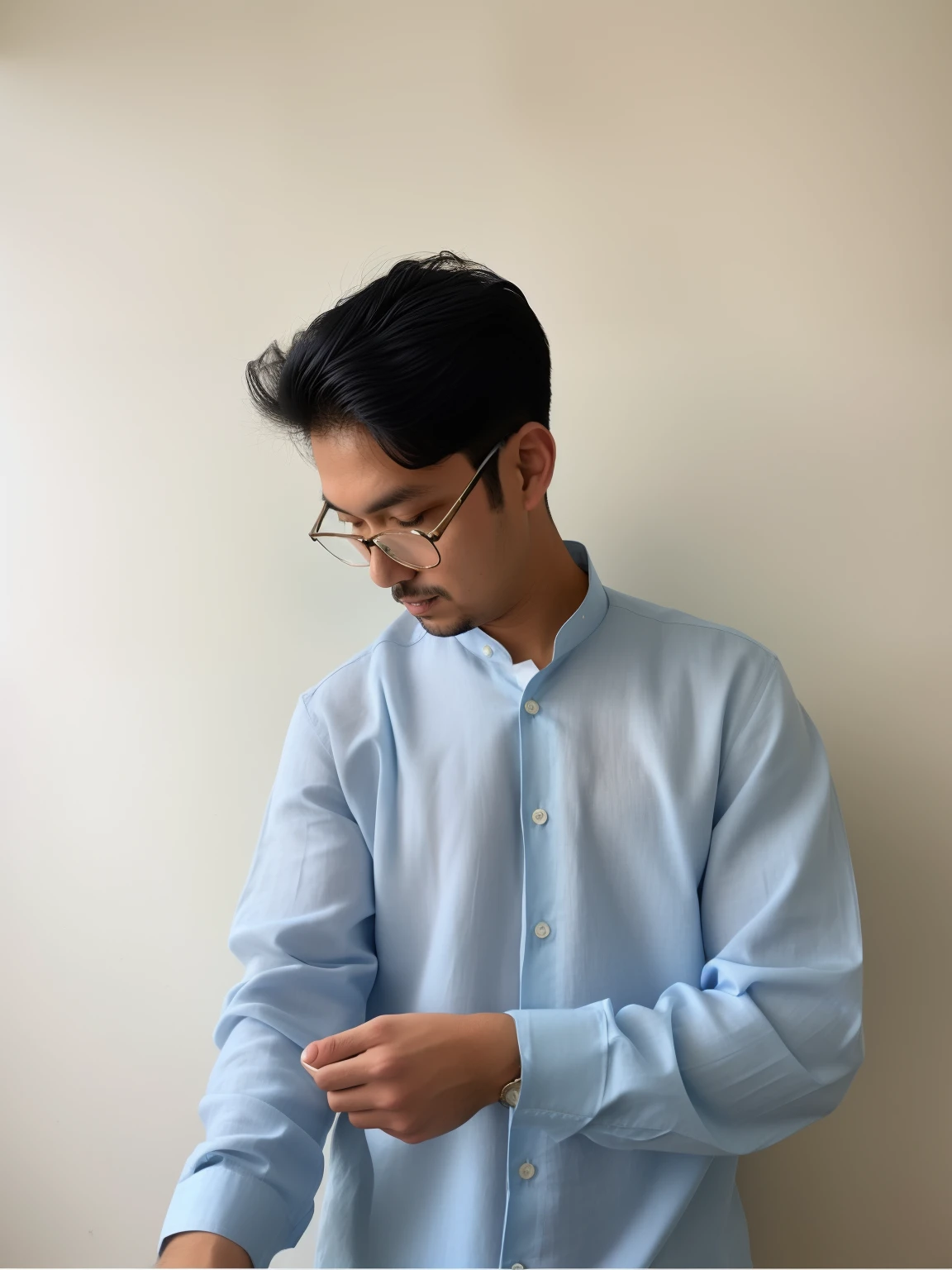 there is a man standing in front of a white wall using a cell phone, wearing a light blue shirt, with teal clothes, blue shirt, inspired by Basuki Abdullah, mohamed chahin style, wearing a linen shirt, nivanh chanthara, mohamed chahin, wearing in shirt, wearing a kurta, profile shot, thawan duchanee