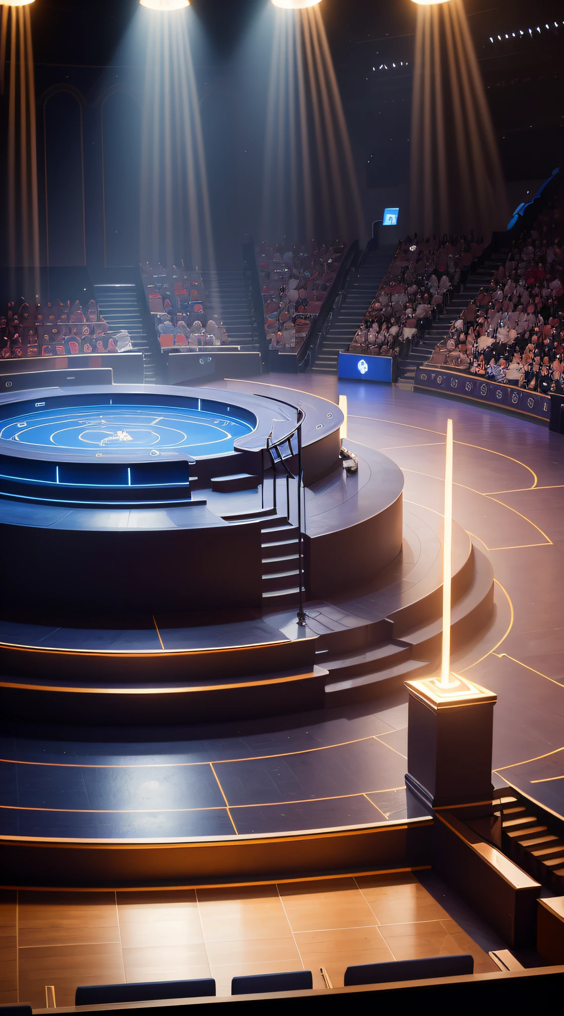 # Artistic Image prompt for a "Who Wants to Be a Millionaire" Inspired Arena Background
Create an artistic rendition of a quiz show-themed arena background, drawing inspiration from the iconic "Who Wants to Be a Millionaire" set as depicted in the provided reference image. Pay homage to the show by recreating its grandeur. Employ a 135mm+ lens to capture a medium shot that magnificently showcases the arena's features, including the familiar blue and golden design elements. Infuse the scene with an aura of prestige and excitement, similar to the show. This artwork should not only resemble the original set but also reflect the essence of the show, offering an ideal background for quiz-themed content. --auto