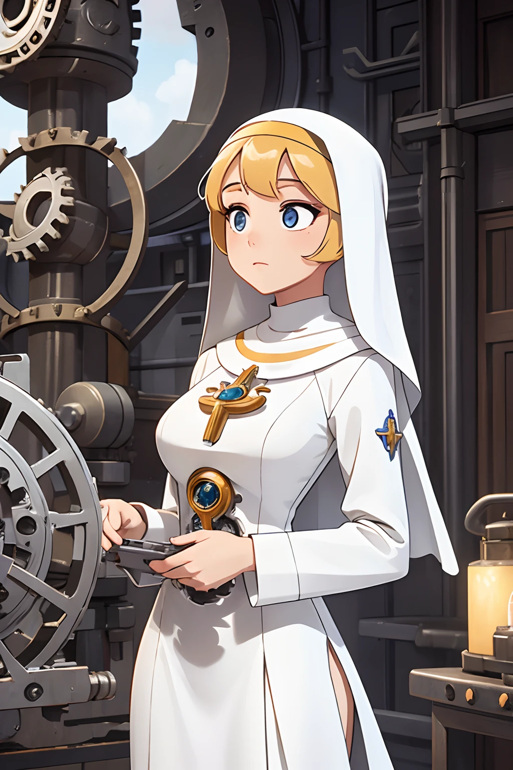 mechanical android priestess, resembling a beautiful catholic nun, draped in white cloth surrounded by gears