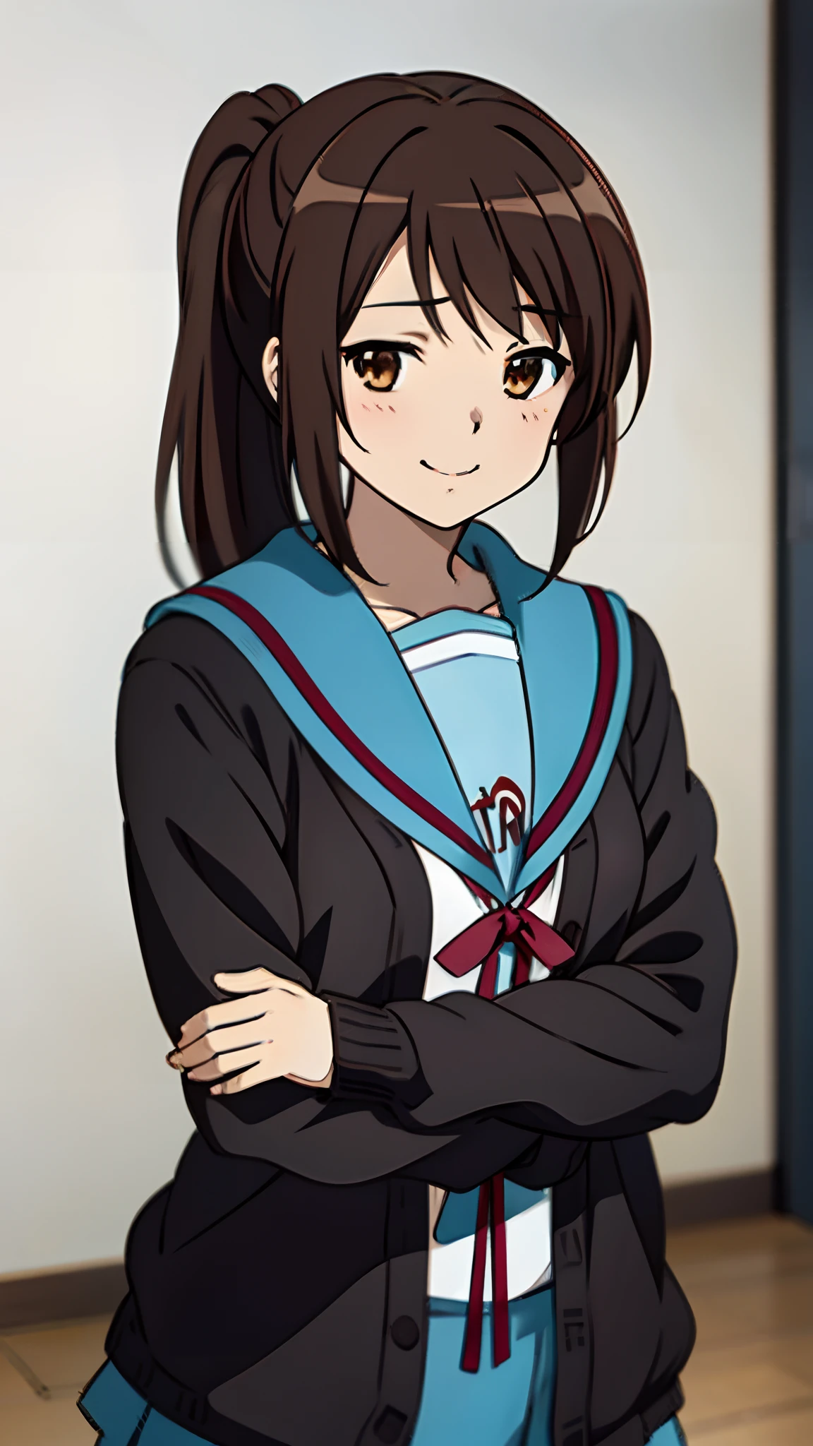 kyoani style, anime style, best quality, 4k, masterpiece, standing girl, 1 girl, solo, 1 schoolgirl, upper body, looking at viewer, brown hair, ponytail hairstyle, brown eyes, [short girl], (flat breast:1.25), [suzumiya haruhi], sailor uniform, [jitome], [sleepy eyes], [daydreaming], [unamused], (kita high school uniform), (cardigan:1.3), open clothes, open cardigan, brown cardigan, long sleeves, winter uniform, (blush), smiling to viewer