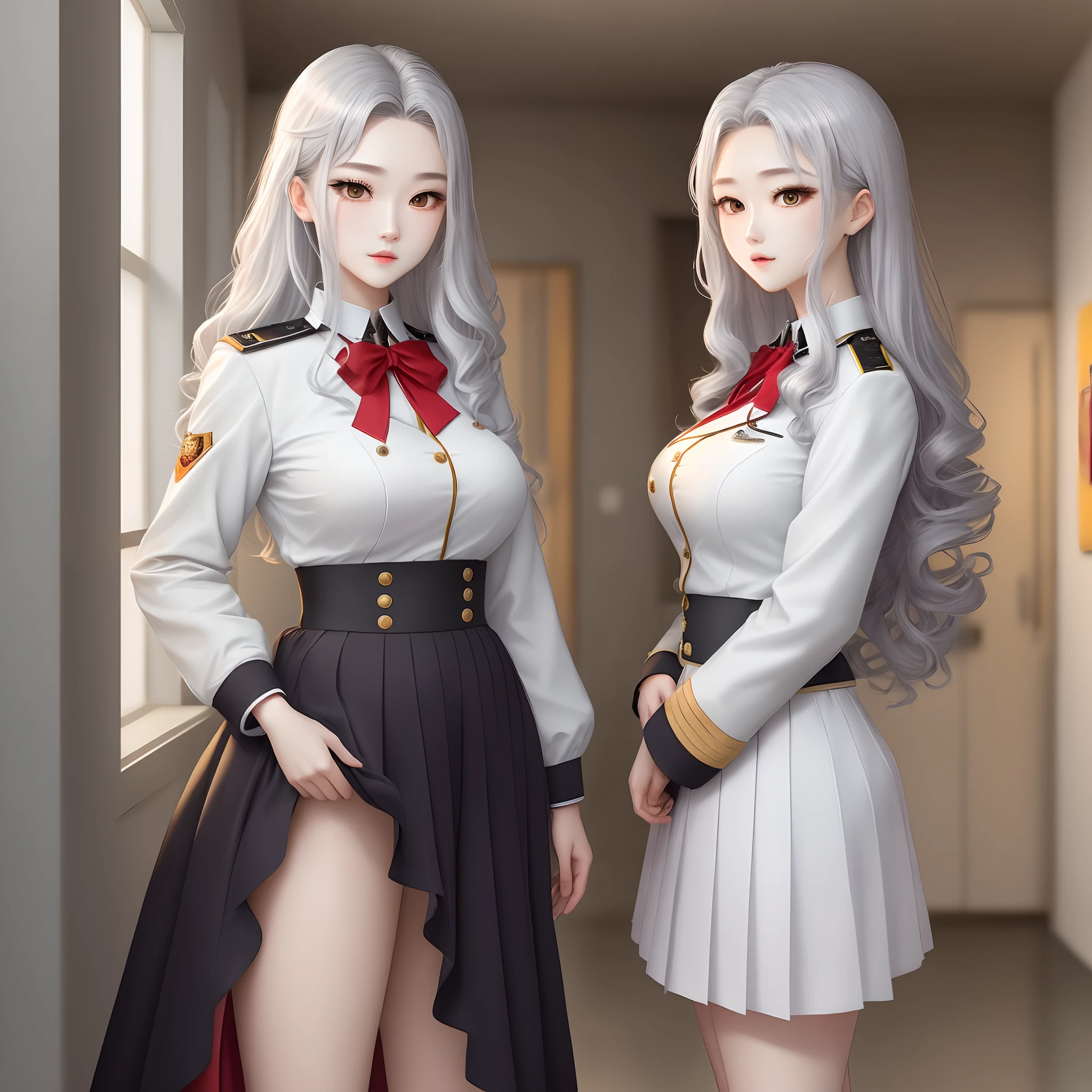 hair color silver
Hairstyle semi-long curly hair
Age: around 18 years old
About 165cm tall
physique slender big breasts
Skin color white
Eye color gold (slightly slanted)
Clothing uniform (Koryo High School old uniform style)
Cool atmosphere (cool and mysterious woman)