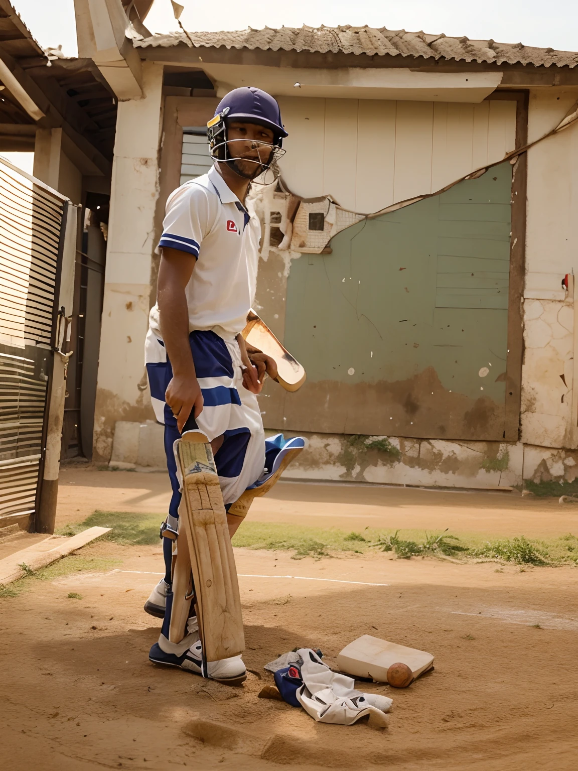 A boy playing cricket in cricket playground with realistic face