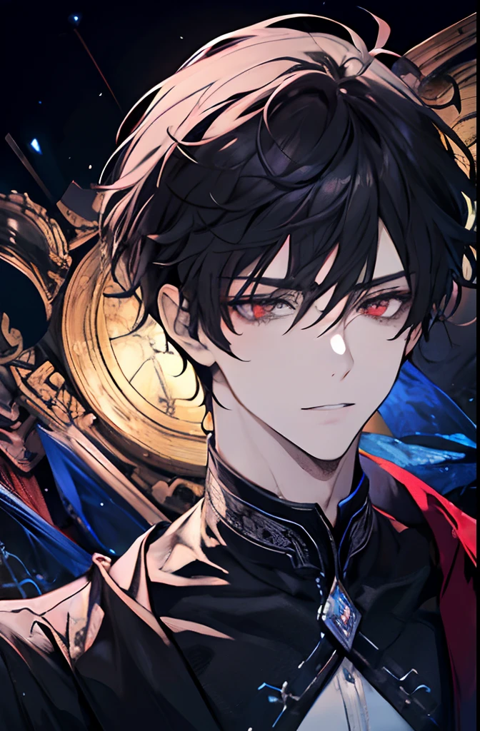 1 male, adult, handsome, calm, red eyes, finely detailed eyes, messy hair, black hair, fantasy, complex pattern, detailed face, dark sorcerer, medieval times