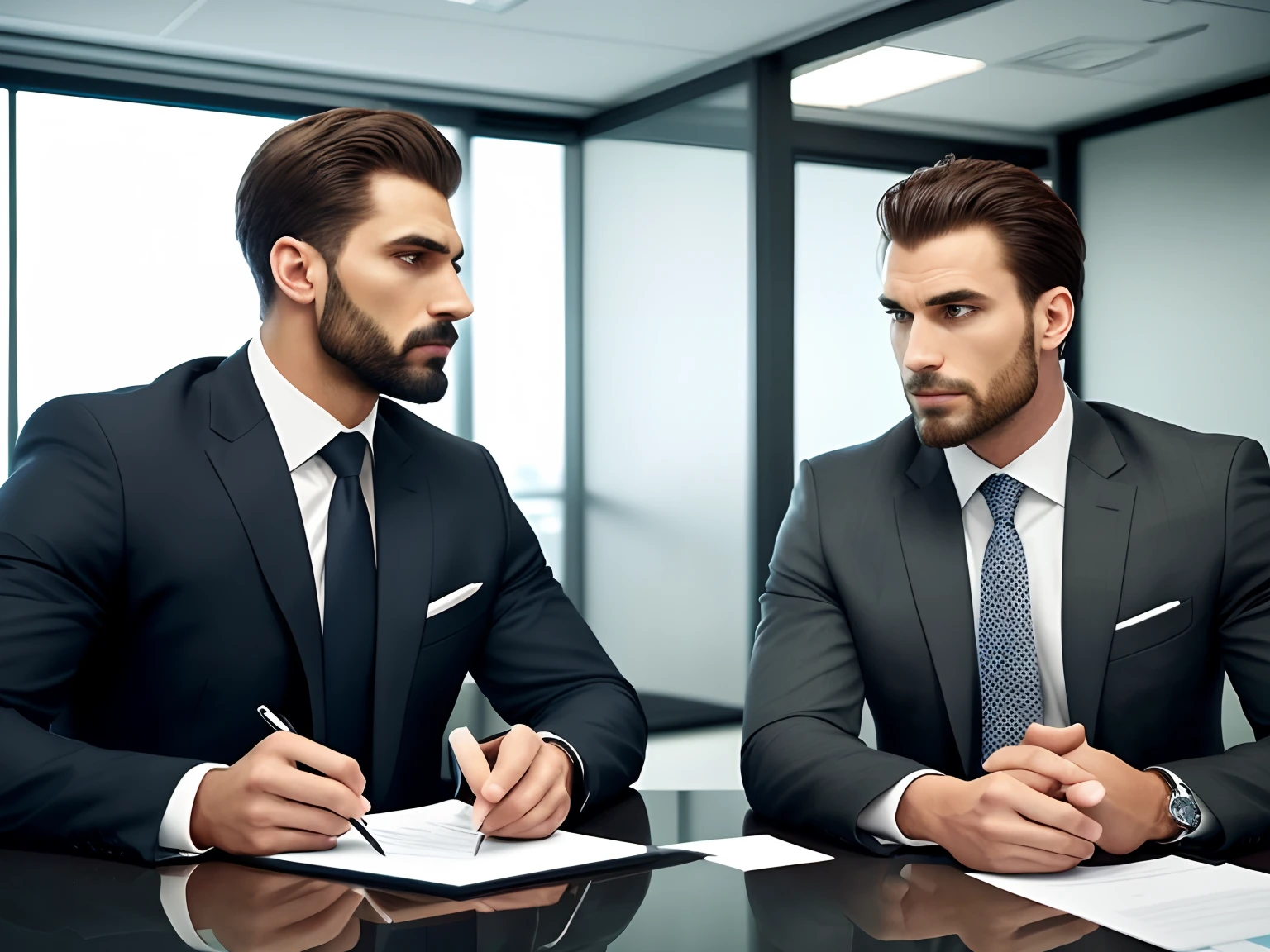 A picture of a realistic imposing man and another man who are engaged in a tense conversation in a corporate office. Both are impeccably dressed in business attire. The imposing man's intense gaze creates an atmosphere of palpable tension in the room