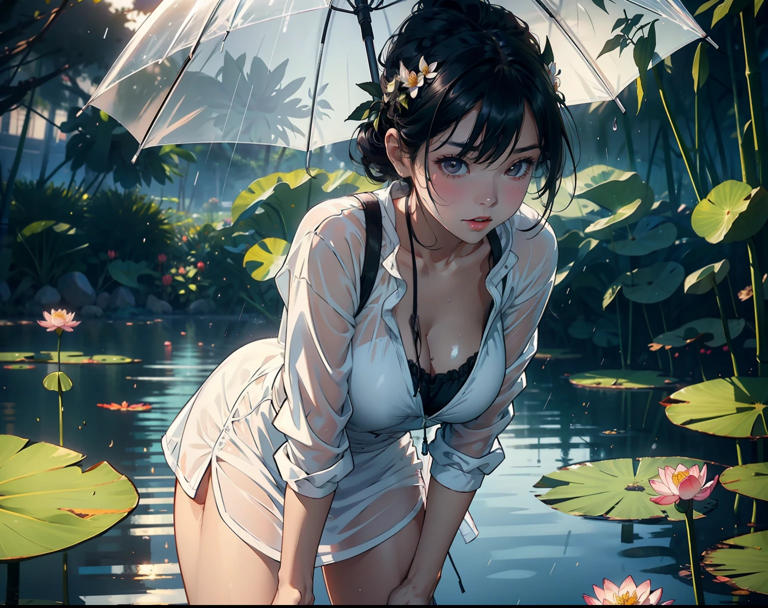 1female,35yo,熟妇,long leges,Big breasts Thin waist,Slim,huge-breasted ,Pornographic exposure, 独奏,(Background with:Rain bamboo forest,lotuses,lotus flower,exteriors,Lotus pond) She has short black hair,standing on your feet(frontage),Hand holding an umbrella(right structure),drenched all over the body,seen from the front, hair straight, mostly cloudy sky,(((tmasterpiece),(Very detailed CG unity 8K wallpaper),best qualtiy,cinmatic lighting,detailed back ground,beatiful detailed eyes,Bright pupils,Black eyes,(Very fine and beautiful),(Beautiful and detailed eye description),ultra - detailed,tmasterpiece,)),facing at camera,A high resolution,ultra - detailed),revealing breasts,Bare genitalia, Bulge,legs are open,Raised sexy,Camel toes,Flushed complexion,Open-mouthed,frontage,White floral headband,(Wearing:Clear plastic raincoat,Sexy Lulu loli dress,athletic sneakers)The camera looks from the bottom up
