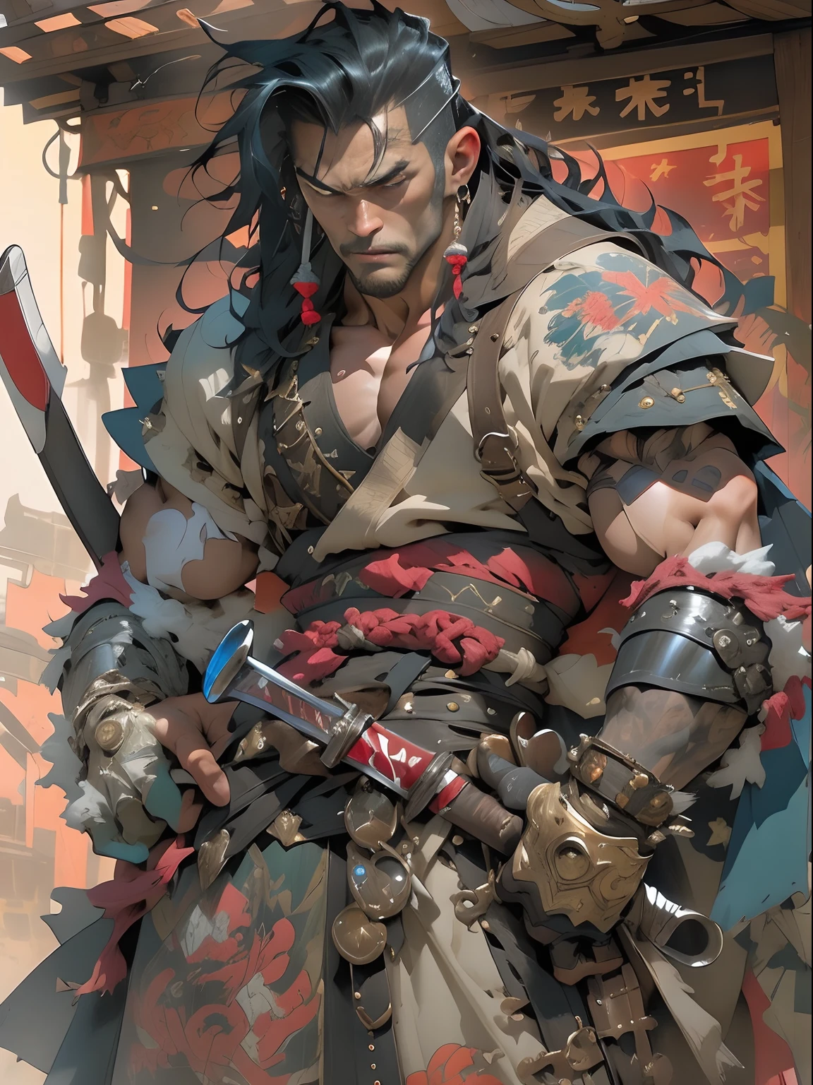 (((mtu))), (((best qualityer))), (((tmasterpiece))), (((AS-Adult))), ((( Japanese ))), Look up from your knees, Handsome Asian samurai,perfect body figure, Modern samurai, ((( Asian))), Wear gloves on your hands,The left arm is made of steel and metal tips,Made of protective devices, The eyes are pulled, (( Appears below the chest )), (( Small dental floss )), Simon Bisley, Almost naked(Simon Bisley)Castle City Wilderness,For high-resolution posters, hair straight, Minimum clothing, armure (Crazy clothes ), Full of tips and rivets, tribal tattoos, (((full bodyesbian))), Straight brunette hair,Colored hair ends