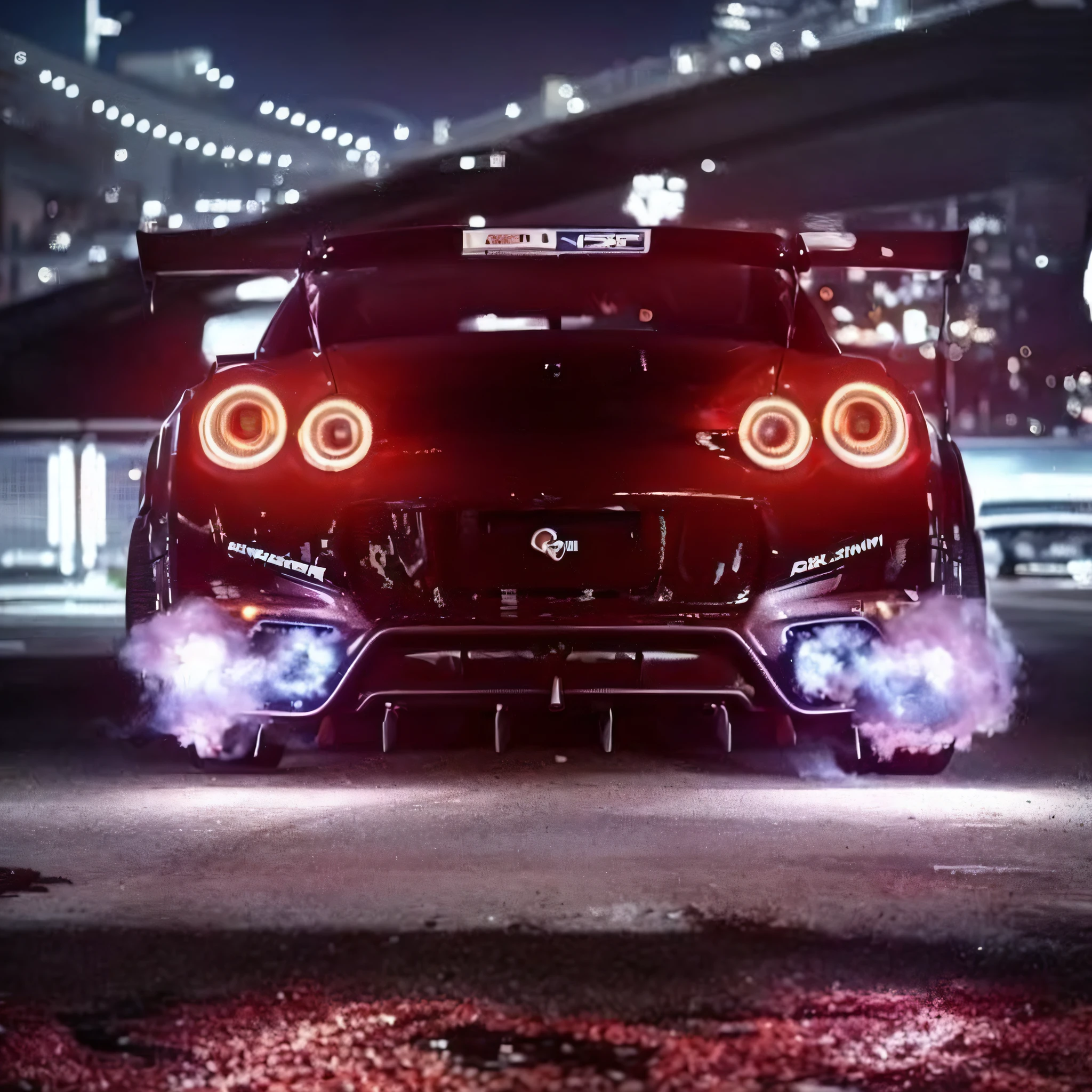 Close-up of a car,Smoke comes out of it, gtr xu1, 8 k highly detailed ❤🔥 🔥 💀 🤖 🚀, nissan gtr r 3 4, Wide body, tail lights, epic stance, Nice lighting, neonlight, 8k highly detailed ❤️🔥 🔥 💀 🤖 🚀, Cyberpunk vibe, car drifting, great cinematic lighting