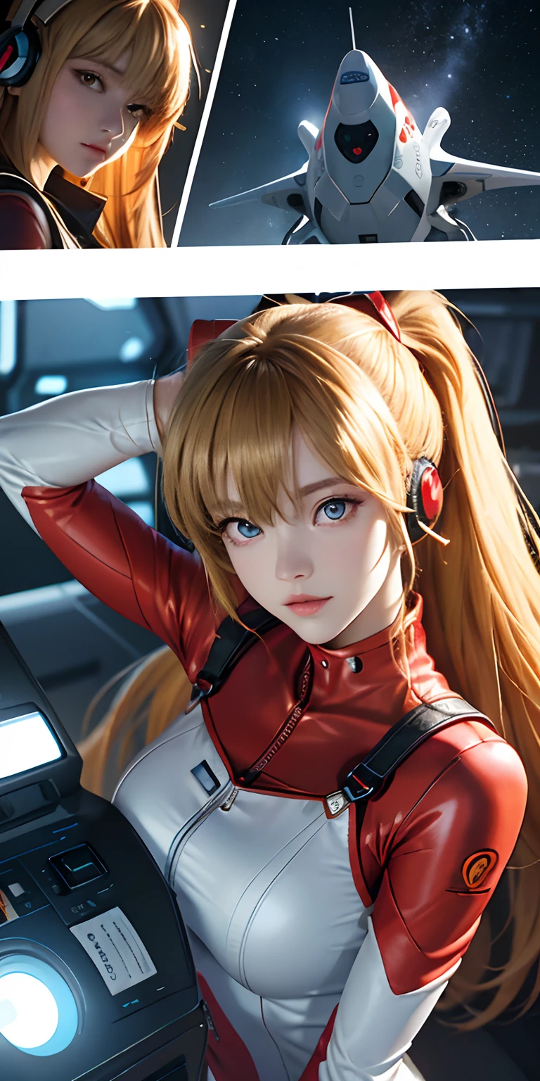 (Overhead view),dynamic angle,ultra-detailed, illustration, close-up, straight on, 1girl, 
 ((souryuu asuka langley, interface headset, red bodysuit:1.4, blonde)),Her eyes shone like dreamy stars,(glowing eyes:1.233),(beautiful and detailed eyes:1.1),(expressionless,closed mouth),(standing), 
(mechanic room with toolsand spaceship windowin a white SPACESHIP),
(night:1.2),dreamy, [[delicate fingers and hands:0.55]::0.85],(detail fingers),