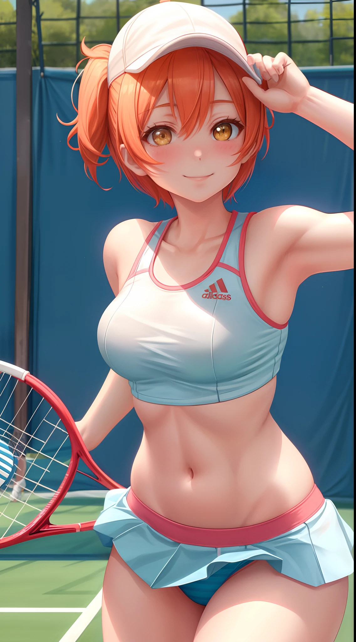 Hoshizora rin, bangs, beautiful, beautiful woman, perfect body, perfect breasts, wearing a tennis outfit, sports panties, wearing a tennis hat, being on the tennis court, looking at the audience, a slight smile, masterpiece, super detailed, high detail, high quality, best quality, 1080p, 16k, Adidas