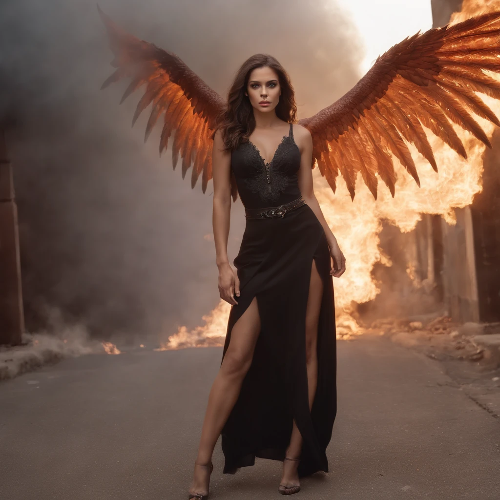 La mejor calidad, Obra maestra, ultrahigh resolution, (realistic photograph:1.4), surrealismo, dream-like,FusionArt, angel caido malvado femenino con alas enormes de fuego tirado en el suelo, en una ciudad apocaliptica en llamas, mirando a la camara, Magia de sombras, Control de la oscuridad, sigilo, Shadowstep, Hechizos de umbral, Cuchilla oculta,