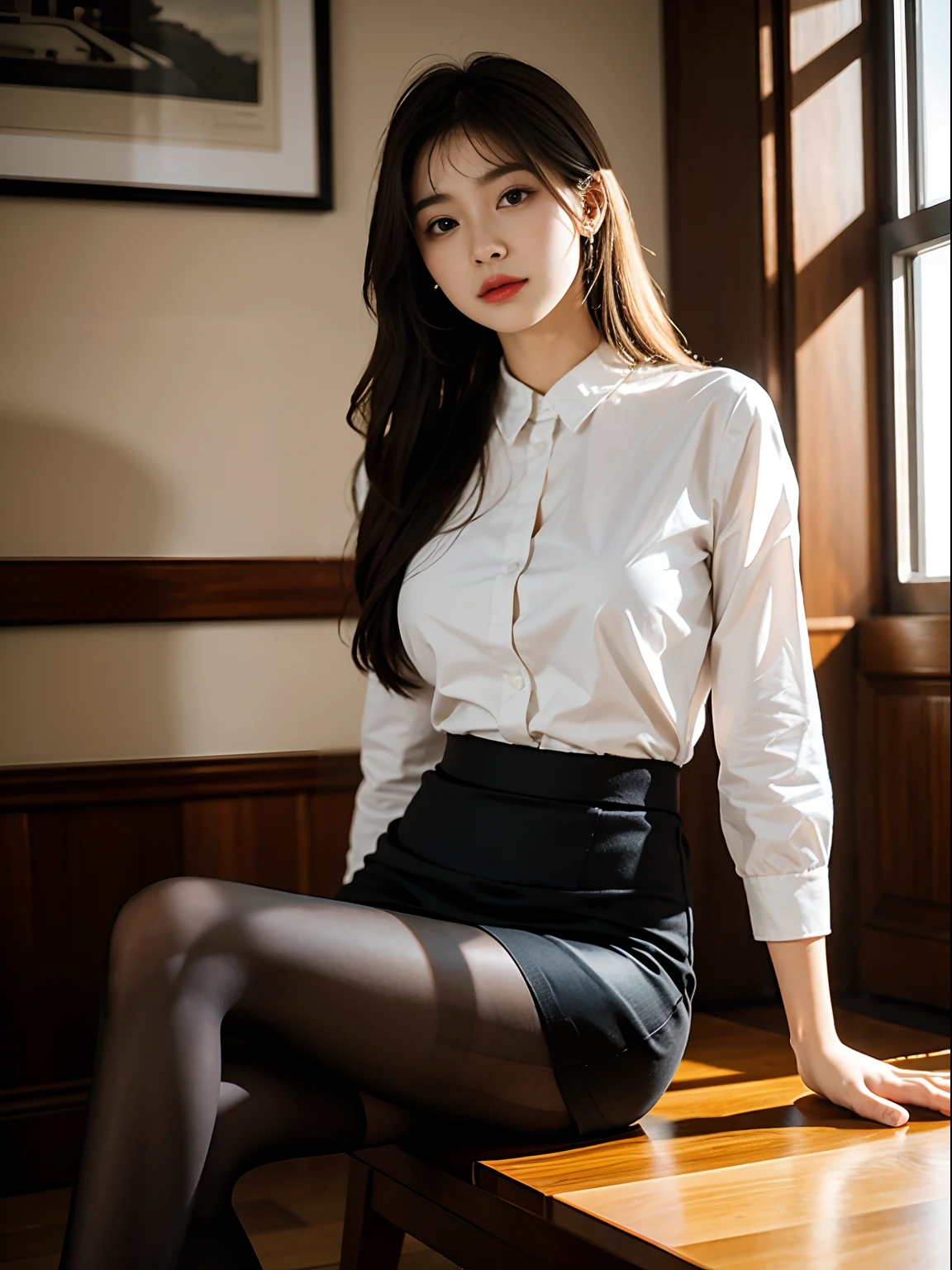 Ulzzang-6500-v1.1, (RAW photos:1.2), (realistic), (really:1.4), 1girl、very pretty girl、21 years old、game_nffsw, eye for detail, shy smile、business fashion、business suit、thighs and skirt、sit on a chair、Working、(very realistic pantyhose:1.2), Curly hair、realistic skin texture、glowing skin、exposed thighs!!! , assembly、eye shadow、