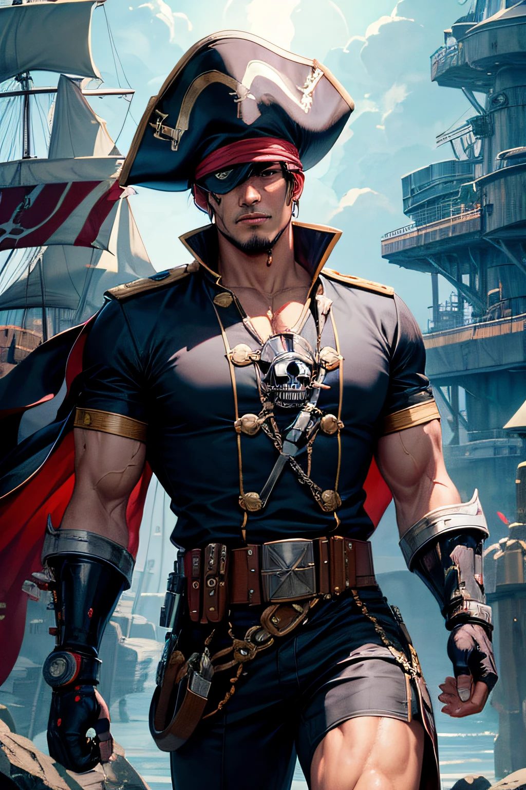 Captain Cyborg: A notorious pirate captain who became a cyborg after a fatal confrontation. He has mechanical parts in his body, like a metal arm with sharp claws and a prosthetic leg with jet propulsion. Your right eye is a cybernetic implant with enhanced vision. He wears a traditional pirate hat, but with a technological aesthetic, com fios e circuitos integrados. Captain Cyborg is known for his superhuman strength, Enhanced combat skills and his feared reputation on the high seas.Captain Cyborg: A notorious pirate captain who became a cyborg after a fatal confrontation. He has mechanical parts in his body, like a metal arm with sharp claws and a prosthetic leg with jet propulsion. Your right eye is a cybernetic implant with enhanced vision. He wears a traditional pirate hat, but with a technological aesthetic, com fios e circuitos integrados. Captain Cyborg is known for his superhuman strength, Enhanced combat skills and his feared reputation on the high seas.