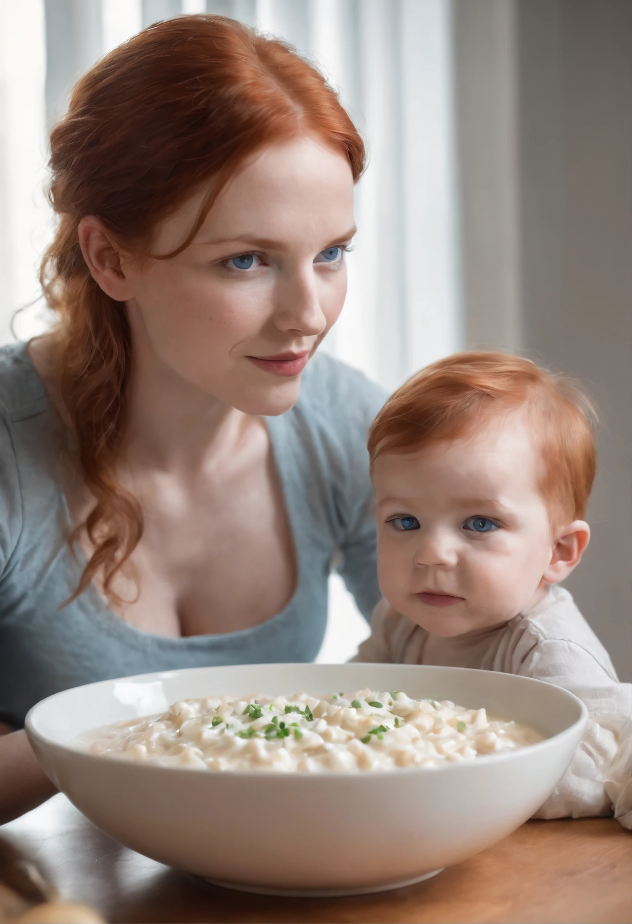 A redhead white with blue eyes with huge nude breasts milking herself in a bowl and her son is watching waiting for his meal