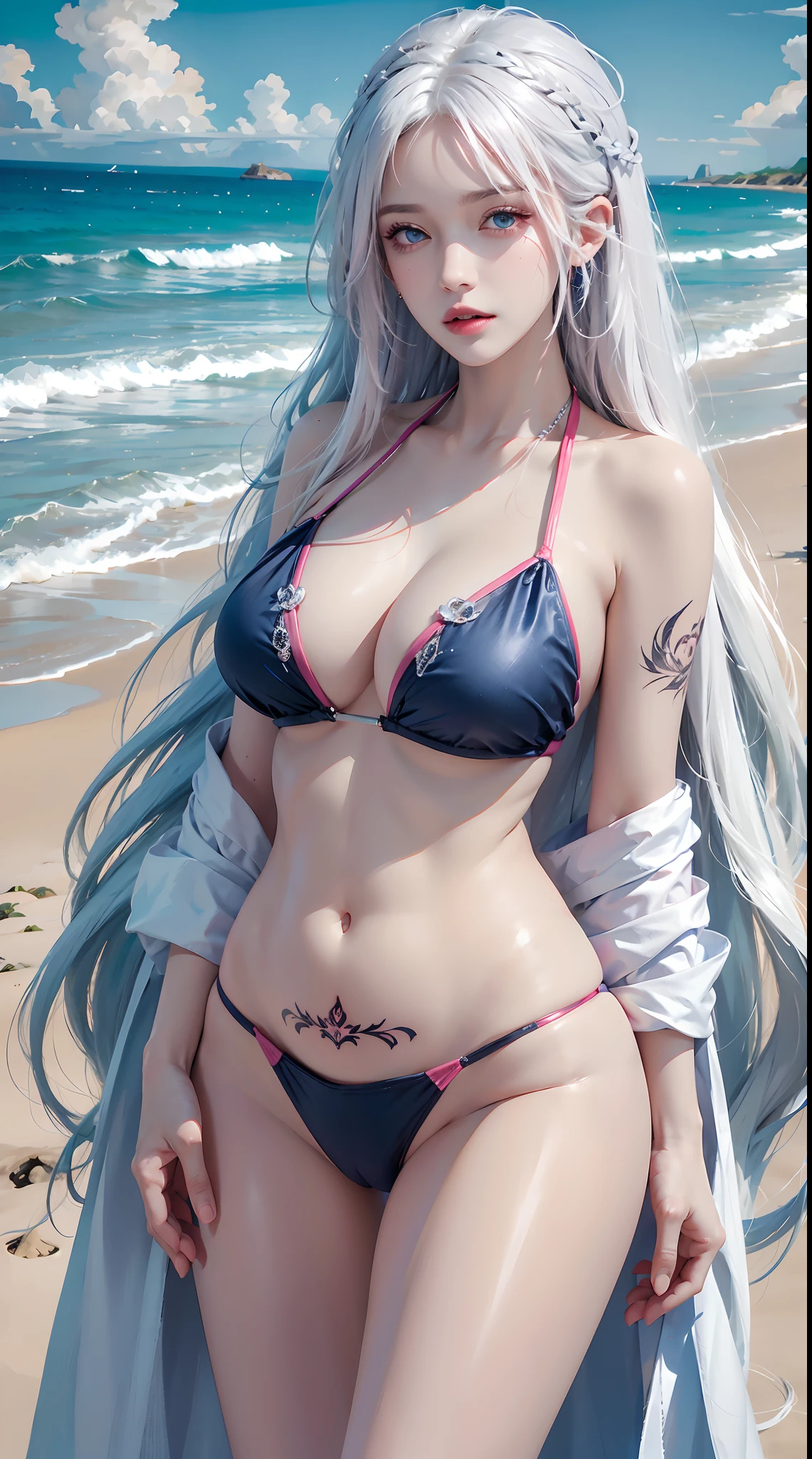 photorealistic, high resolution, 1women, shining skin, solo, tattoo, jewelry, pink lip, long hair, white hair, blue eye, closed mouth, hips up, bikini, beach