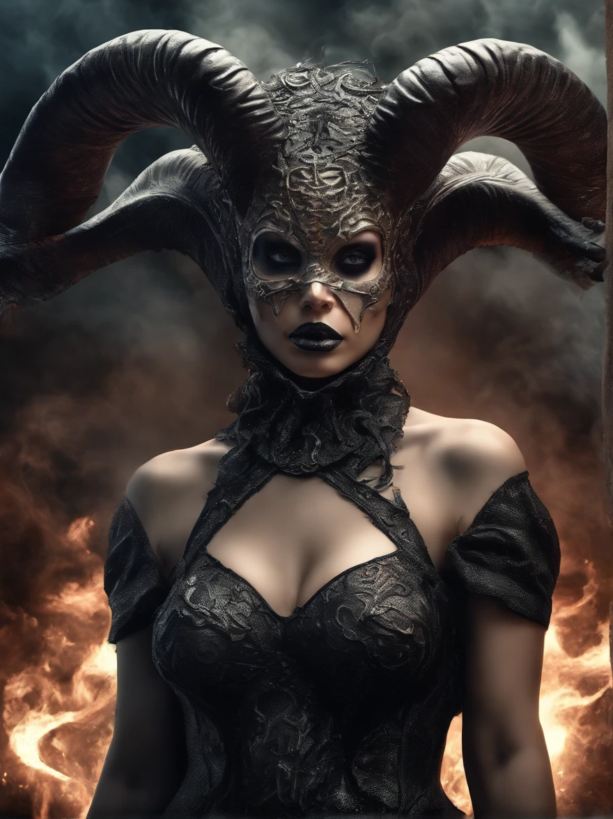 photo realistic,, realistic dark, surreal, beautiful exotic demon woman with large ram horns and a Carnevale di Venezia mask, large breasts wearing an open long black latex robe showing her nude body underneath, medusa, snake woman, giger, scary aesthetic, nightmare, windy, RAINSTORM, LIGHTNING, giger, necronomicon, visceral,nightmare,imagination,fantastical,dramatic,dark tones,paranormal,surreal juxtaposition,cosmic horror,horror, realistic detailed, film noir,