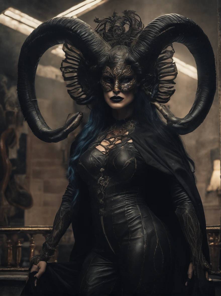 photo realistic,, realistic dark, surreal, beautiful exotic demon woman with large ram horns and a Carnevale di Venezia mask, large breasts wearing an open long black latex robe showing her nude body underneath, medusa, snake woman, giger, scary aesthetic, nightmare, windy, RAINSTORM, LIGHTNING, giger, necronomicon, visceral,nightmare,imagination,fantastical,dramatic,dark tones,paranormal,surreal juxtaposition,cosmic horror,horror, realistic detailed, film noir,