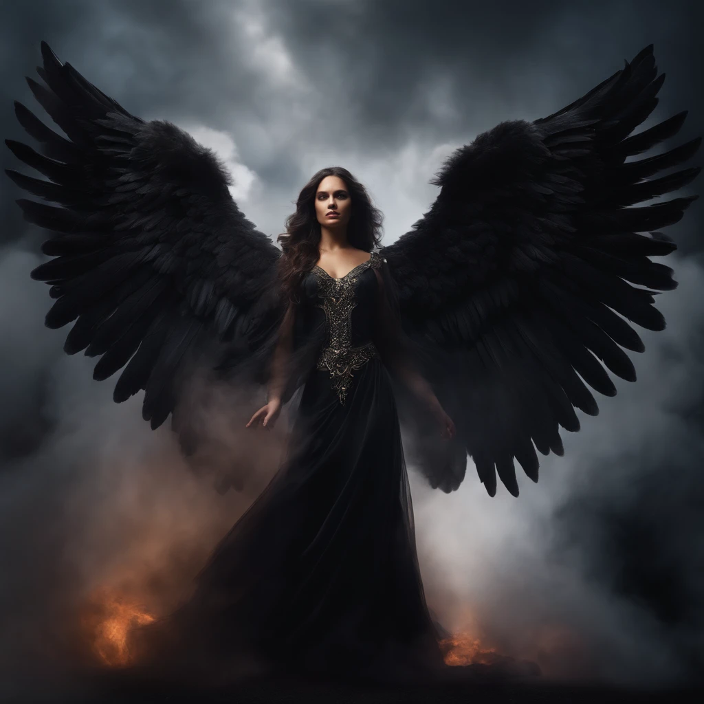 Ultra-realistic nsfw sexy angelic figure: A dark angel with wings spread a gloomy, dark smoke setting