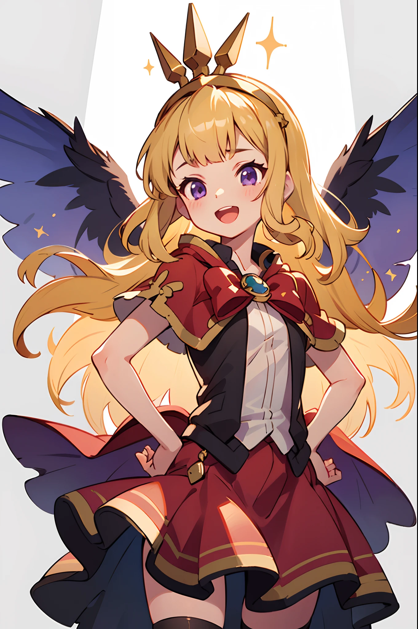 1girl, solo, character preview illustration, blonde hair, purple eyes, Cagliostro, long hair, CagliostroBase, hairband, crown, black thighhighs, red bow, skirt, red skirt, cape, small breasts, smile, open mouth, face focus, hand on hips, detailed hands, upper body, looking away, stars decorations, cute girl, sparkles, white background, transparent background, beautiful illumination, sun rays, trending on pixiv, masterpiece, 8k, best quality