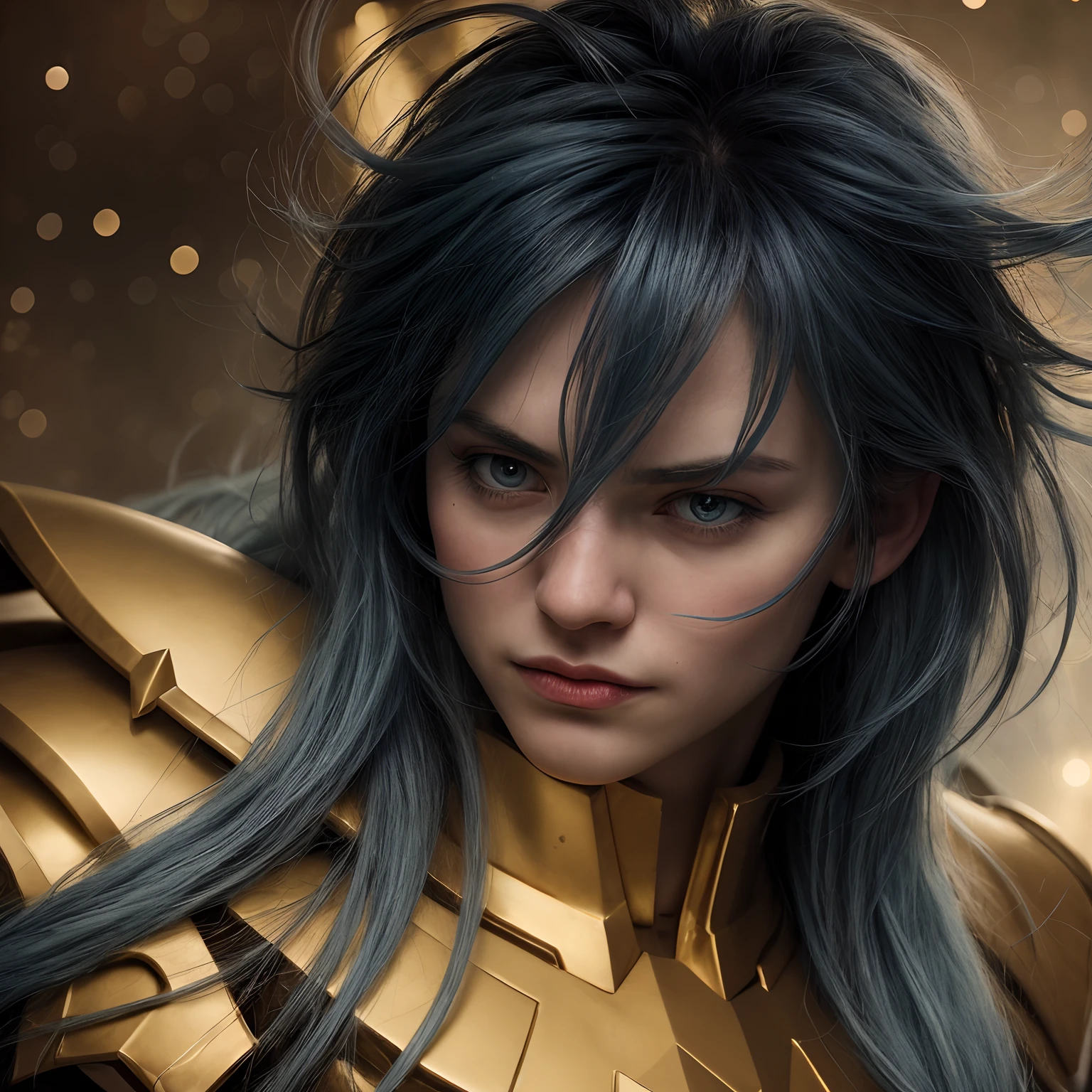 cinemactic, incrivelmente detalhado e ultrarrealista, Camus of Aquarrius Saint Seiya. Close up. He's wearing pretty realistic golden armor. Armadura dourada brilhante. ((Bright golden armor)). Armadura com brilho natural. Octane is the perfect tool to capture the softest details of this 16k photography masterpiece. He is a handsome white man about ((40 years)) old. 1 homen. ((French man)). beautiful face. Rosto detalhado. Nariz bonito. Nariz fino e alongado. (Olhos azuis muito grandes). Cold expression. olhos perfeitos. Cold expression. ((depilado)). Strong expression. He has long ((light petrol blue)) hair. messy hair with bangs. messy hair. Pelas de rosas flutuando em torno ele. Landscape starry sky.