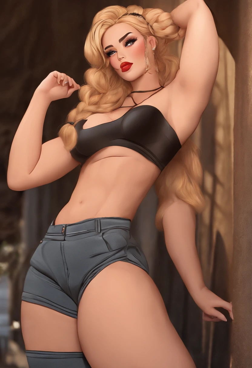 NSFW, Full body, full-length portrait, 1girl, solo, ecliptic muscular bodybuilder female, (((((muscular))))), bodybuilder, big muscles, completely nude, nude, completely naked, naked, pussy, fat pussy, big pussy, large pussy, plump pussy, puffy pussy, thick thighs, curvaceous, pinup (style), sagacious Zu, tan, Asian, thick eyebrows, long eyelashes, eyeliner, freckles, long nose, straight nose, thin lips, short chin, weak chin, chubby cheeks, close-set eyes, (((amber eyes))), very long hair, straight hair, black hair, multiple braids, braided ponytail, braided bangs, fat pussy lips, (((((armpit hair))))), fat mons, fupa, pubic hair, pubes, pussy juice