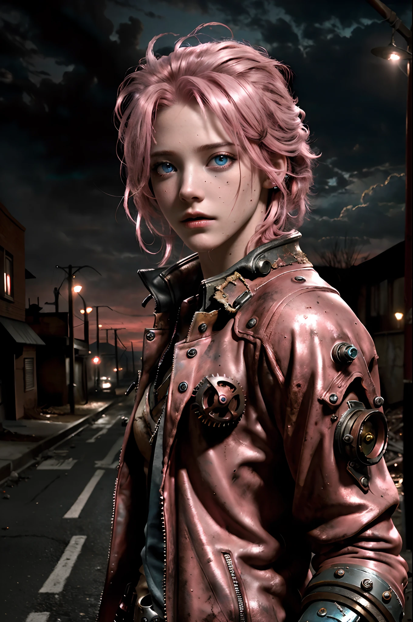 masterpiece, ultra detailed, 8K, Raw photo, Realistic light, Cinematic composition, skyscape with clouds, full colours nightfall, depth of field, 35 mm, postapocalyptic aura, steampunk aesthetic, 18 years old cute woman, on the ruined street, (torn dirty steampunk clothing), cute sexy, depth of field, (Focus: 1.2), dark atmosphere, in dinamic movement, cinematic lighting, detailed face and skin texture, fine eyes, pink hair colour, action movie style, vivid colours
