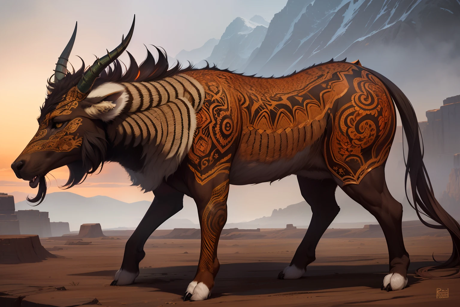 (highres:1.2,realistic) Fantastic tough land animal with fabric skin adorned with intricate patterns. Majestic and vegetarian, this creature possesses powerful horns, showcasing its brute strength. The animal's physique exudes a sense of raw power, with every muscle defined and emphasized. The fabric skin brings a unique texture and adds an element of artistry to its appearance. The intricate patterns on the skin create a mesmerizing visual display, blending harmoniously with the animal's majestic aura. The horns, as the creature's most striking feature, are robust and exquisitely shaped, capturing attention and exhibiting its dominance. This magnificent beast roams gracefully across a vast and arid landscape, embodying both strength and elegance. The lighting highlights its regal presence, accentuating every angle and curve. Its rich vegetarian diet has contributed to its healthy and vibrant physique, radiating vitality in every stride. The color palette incorporates earthy tones and vibrant hues, enhancing the animal's natural beauty. Sacred winter Forest