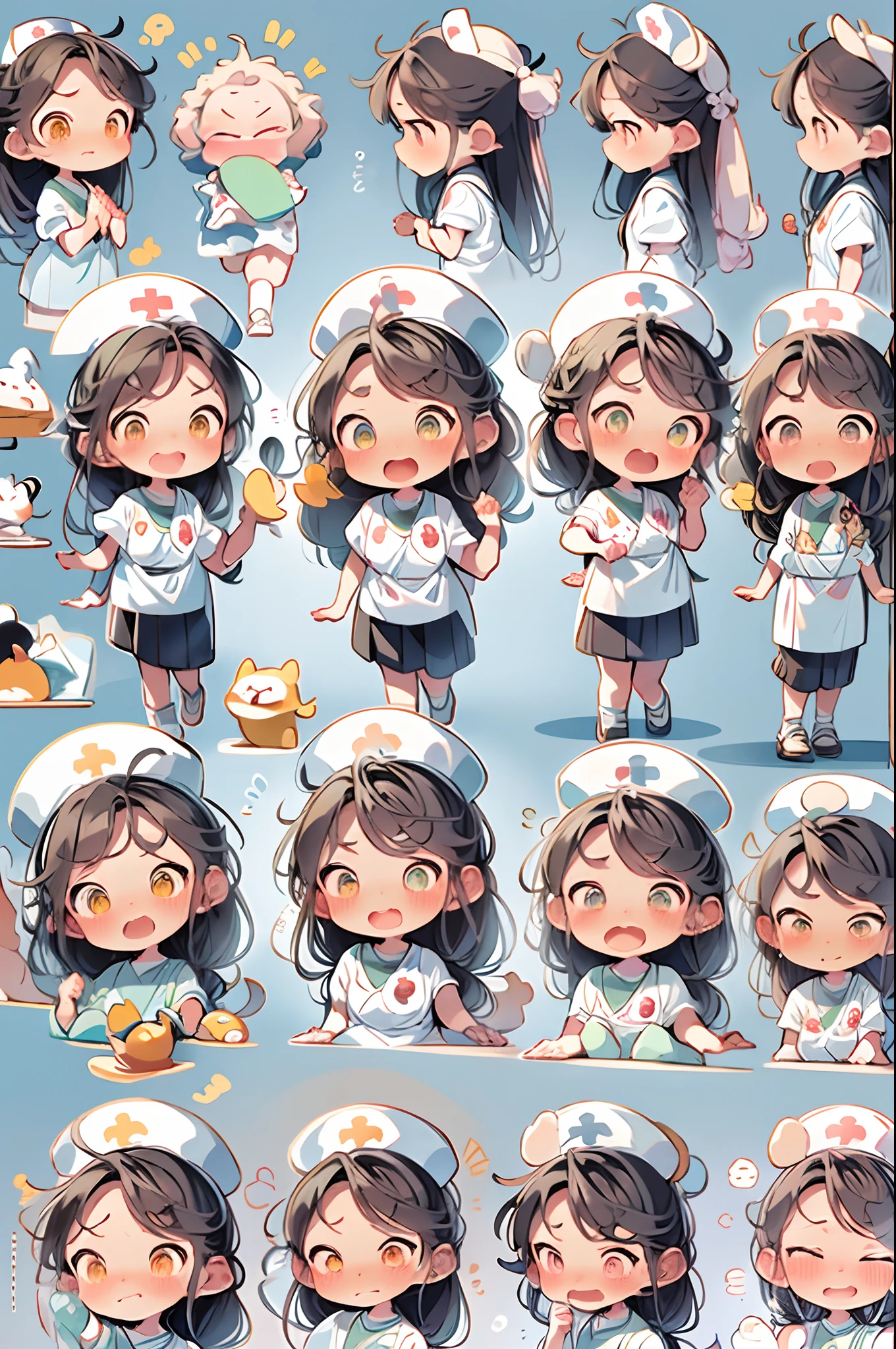 Cute nurse little girl、emoj、anthropomorphic styles、Disney  style、Black strokes、differentemotions、Multiple locations and emojis、8K分辨率