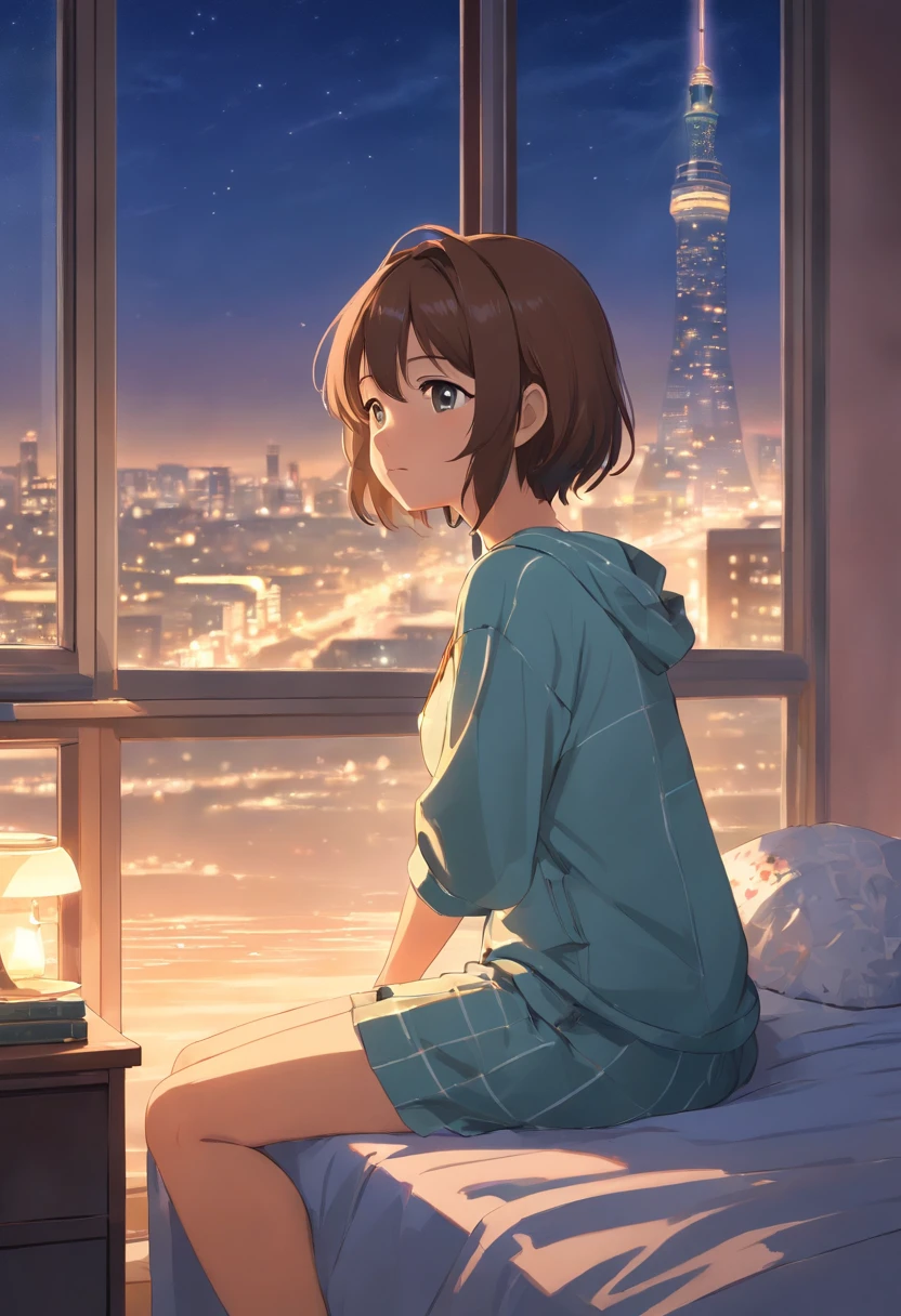 Best Quality、Night view outside the window、Light brown skin、s Pajamas、cleavage of the breast、short-hair、femele、独奏、Very cute、、Midnight、Brown hair、、I want to blush、bending forward、Bedroom、Wink、twinkling、Kamimei、Sit on the bed、Girl sitting