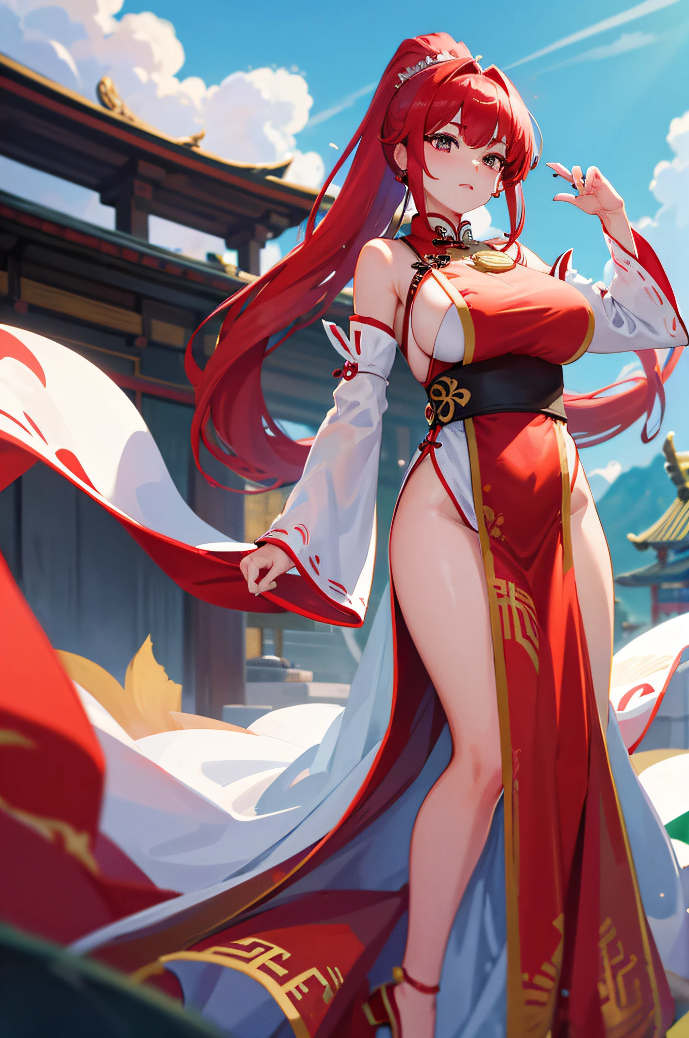 4k,hight resolution,One Woman,White red hair,Short ponytail,huge tit,Ancient Chinese princess,Fantasy long dress,Inside the royal family