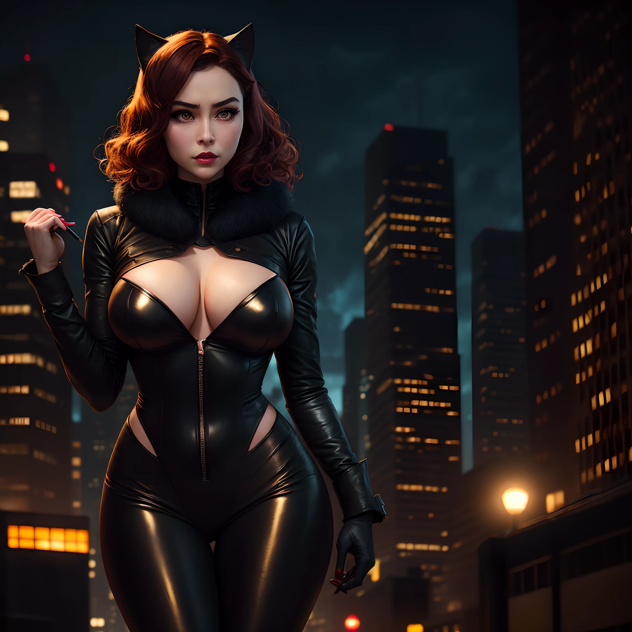 Background Gotham City,Batman Catwoman in a black suit stands in the middle of the city, Extremely detailed Artgerm, Cat woman, Catwoman, Style Artgerm, wojtek fus, cgsociety - w 1 0 2 4 - n 8 - i, IG model | Art germ,(realisticlying:1.2),(hentail realism),(tmasterpiece:1.2),(best qualtiy),(Hyper-detailing),(8K,4K,复杂),(full body shot shot:1),(85mm),Particle light,illuminating,(high detal:1.2),(Detailed face:1.2),largeeyes,beautiful goddess woman,putting makeup on,s the perfect face,Perfect lighting,1girll,DC Super Hero Movie,Catwoman in Batman,neko girl,brunette color hair,(Catwoman Selina Kyle),Short curly hair,(Hands stretch out sharp claws),Death glow,Serious look, cat paws,Hand with long claws outstretched,The whole body is wrapped in a fur coat,tight leather clothes,Sexy set,(Openwork onesies),high-heels,Thin waist and thick hips,long leges,super gigantic boobs,(Glowing skin),Glowing skin,The wind blows to the top,White aura of power,green pupills,Gravel background,Broken ground,Full moon in downtown Gotham,(finelydetailedskin:1.3),cinematric light,edge lit,超高分辨率,Best shadow,delicated,octanerender,unreal-engine,Stroll through the high-rise buildings of Gotham City,Fighting posture,