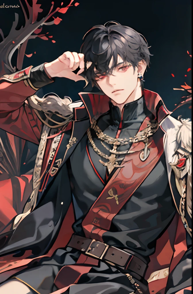1 male, adult, handsome, pretty, calm, red eyes, finely detailed eyes, messy hair, black hair, fantasy, complex pattern, detailed face, dark sorcerer, medieval times, sitting, earring, closed mouth