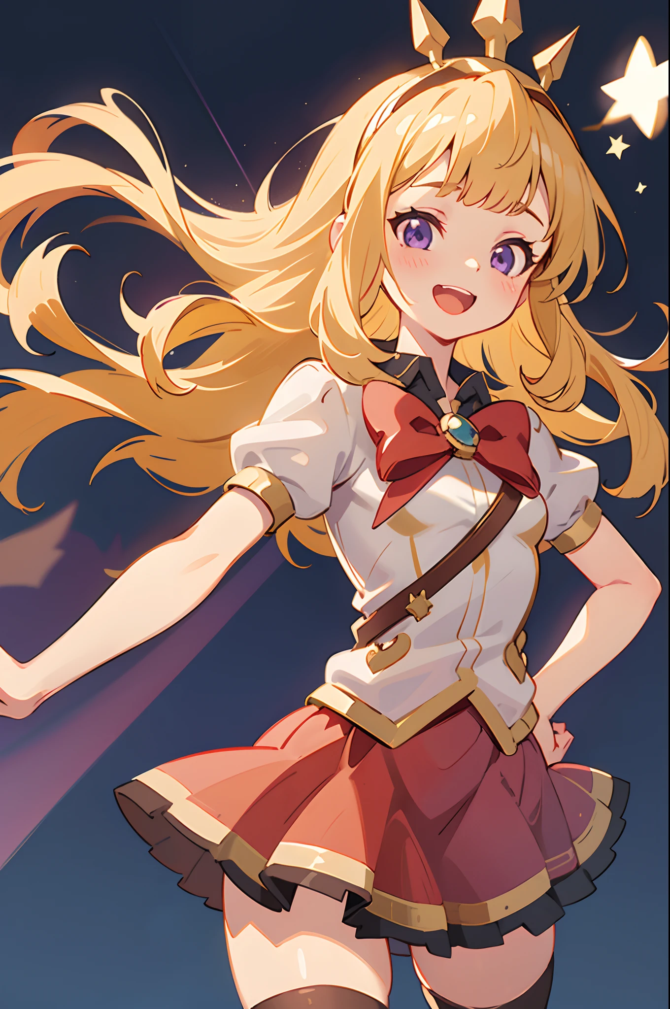 1girl, solo, character preview illustration, blonde hair, purple eyes, Cagliostro, long hair, CagliostroBase, hairband, crown, black thighhighs, red bow, skirt, red skirt, cape, small breasts, smile, open mouth, face focus, hand on hips, detailed hands, upper body, looking away, stars decorations, cute girl, sparkles, white background, transparent background, beautiful illumination, sun rays, trending on pixiv, masterpiece, 8k, best quality