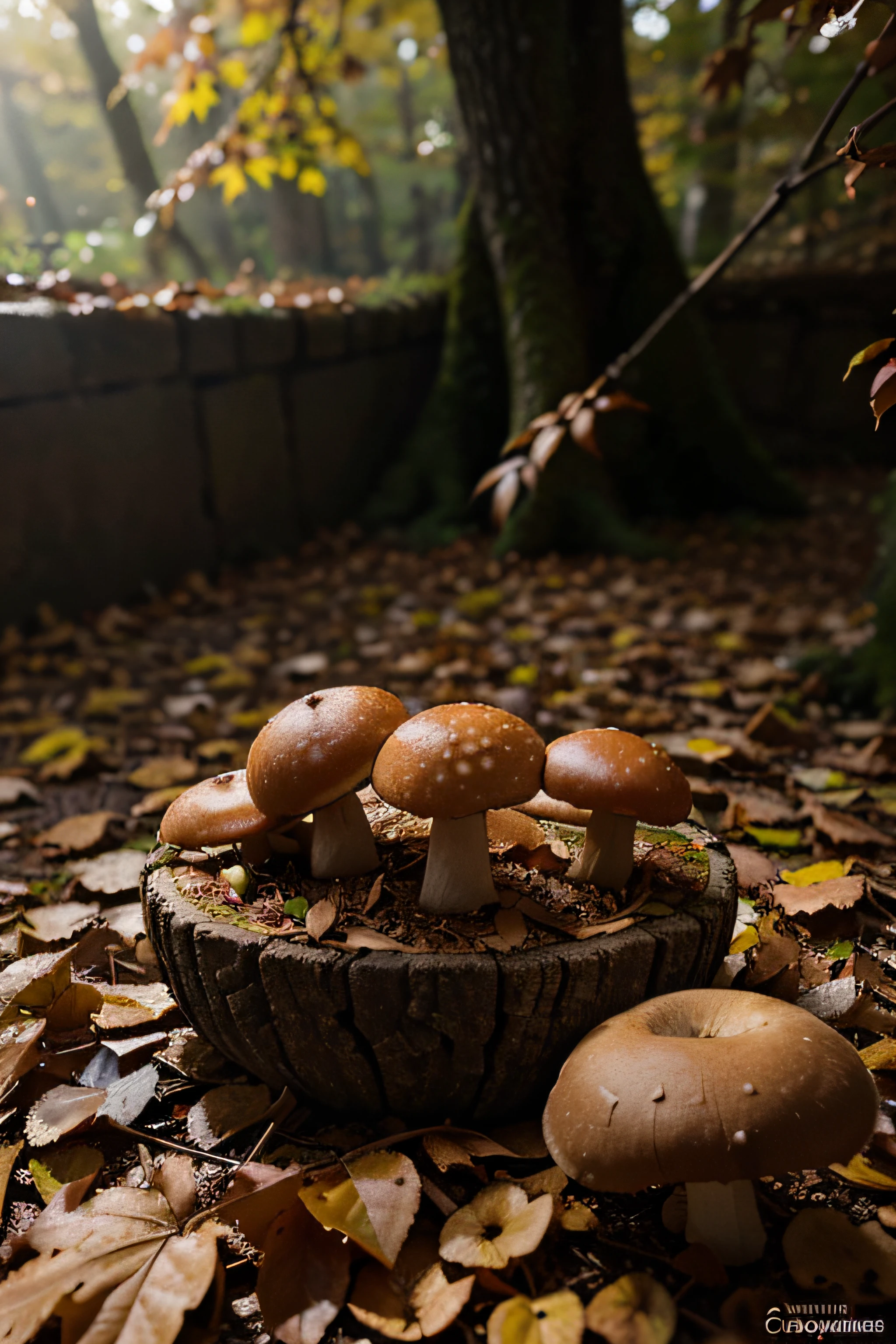 "(best quality,photorealistic:1.2),autumn nature detail,depth of field,cinematic,warm light,dry leaves,mushrooms,chestnuts,hedgehogs"