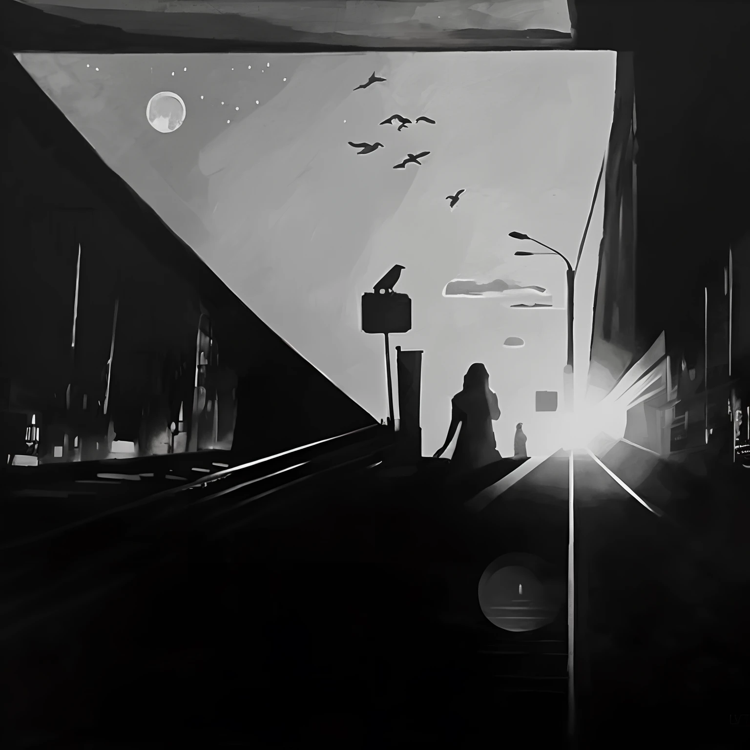 Picture of the couple, walking down the street at night, Black and white painting, Drawn in the style of neo-noir, A work of art about the road to freedom, dark city bus stop, overlooking a dark street, nicolas delort, Black & White Graphics, Drawn in the style of noir, based on Grzegorz Domaradski