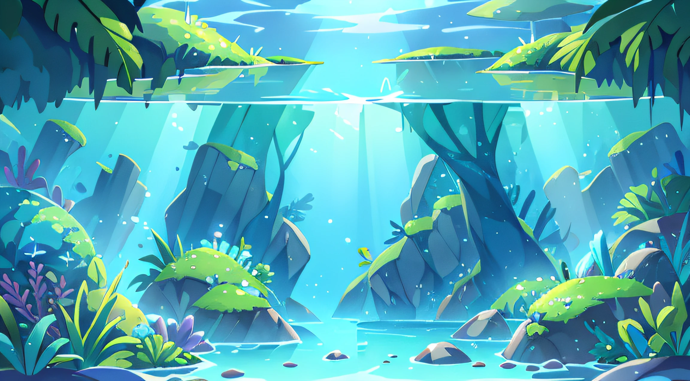 underwater landscape, As if viewed from below. The water is crystal clear, Let the sunlight pass through it，Light up the landscape. The scene is dominated by shades of blue and green, Create a serene and peaceful effect. The scene is complete，Small bubbles floating on the surface of the water.